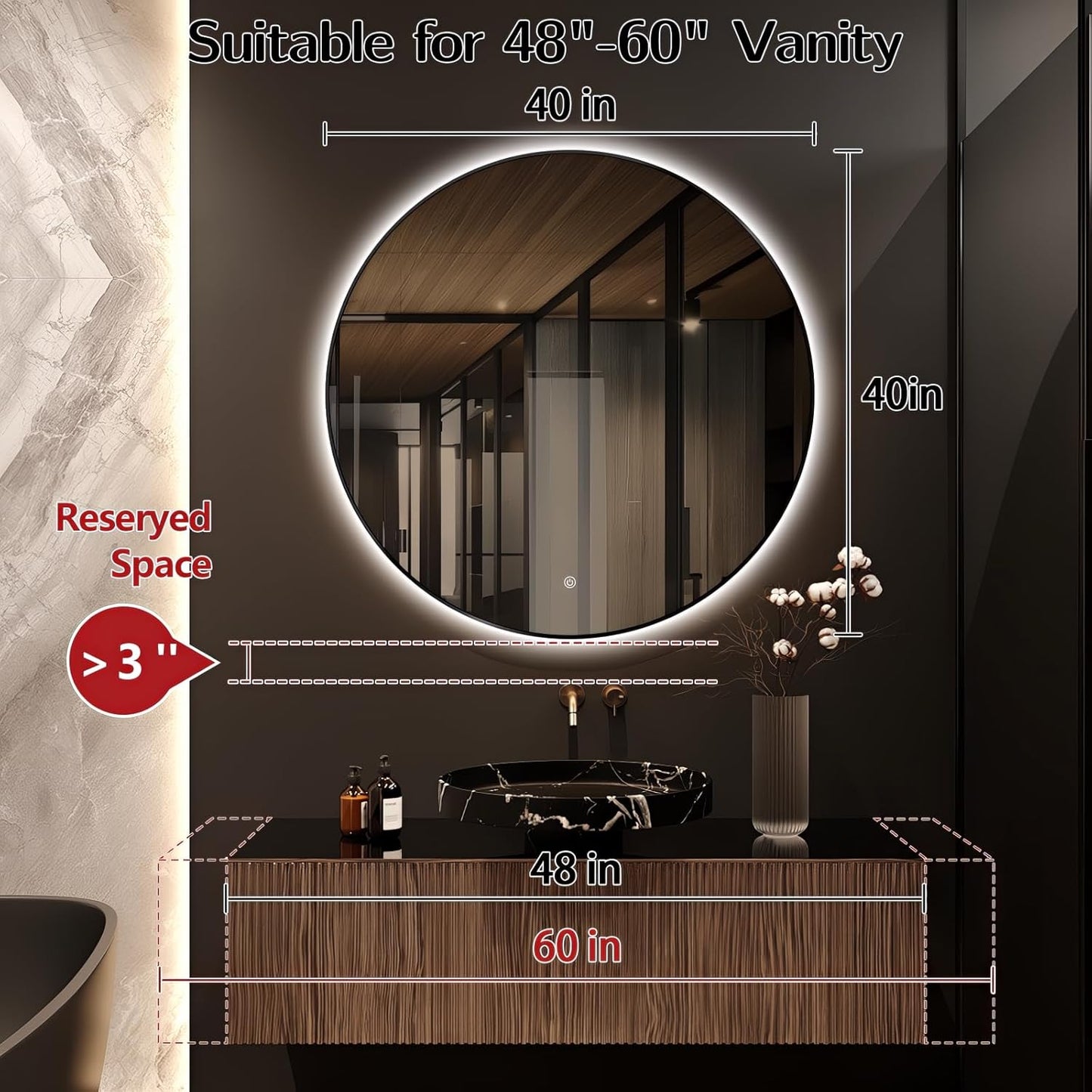 Niccy 40" LED Backlit Round Mirror for Bathroom, Black Framed Vanity Light Wall Mirrors LED Smart Circle Mirrors with 3 Lighting Colors, Lighted Round Mirror with Anti-Fog, IP65 Waterproof
