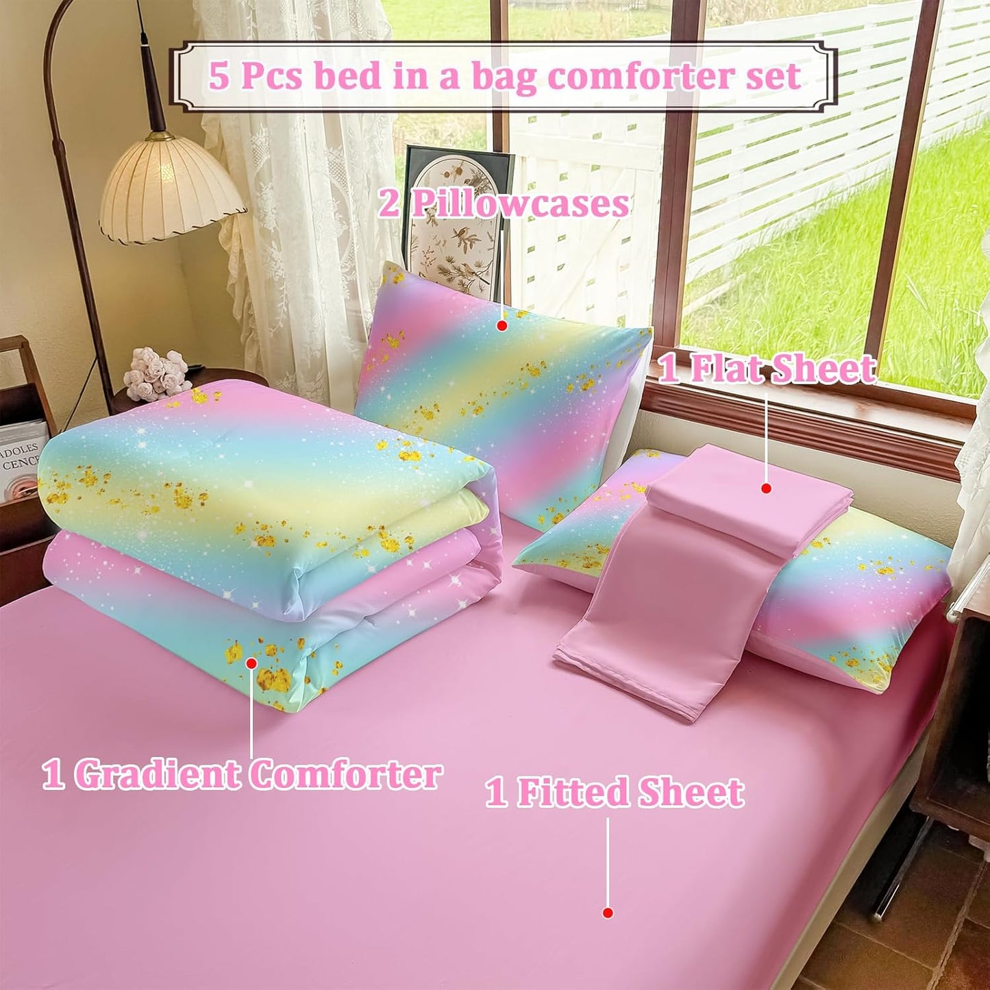 Girls Full Size Bedding Sets Rainbow Bedding – 5 Piece Comforter Set Full, Gradient and Colorful Galaxy Comforter for All-Season – Machine Washable, Durable – Gift Idea for Boys and Girls Room