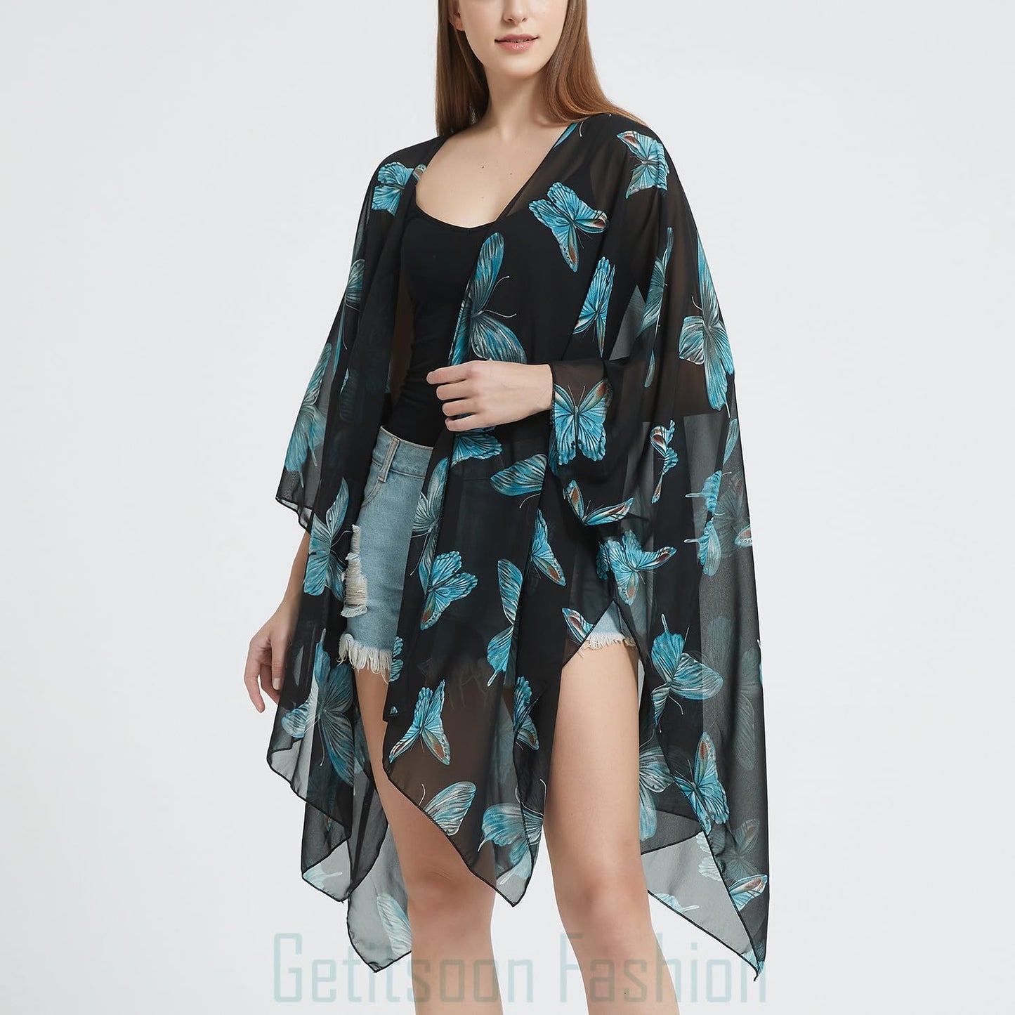 Women's Bohemian Floral Chiffon Beach Cover up Swimsuit Kimono Summer Swimwear Cardigans