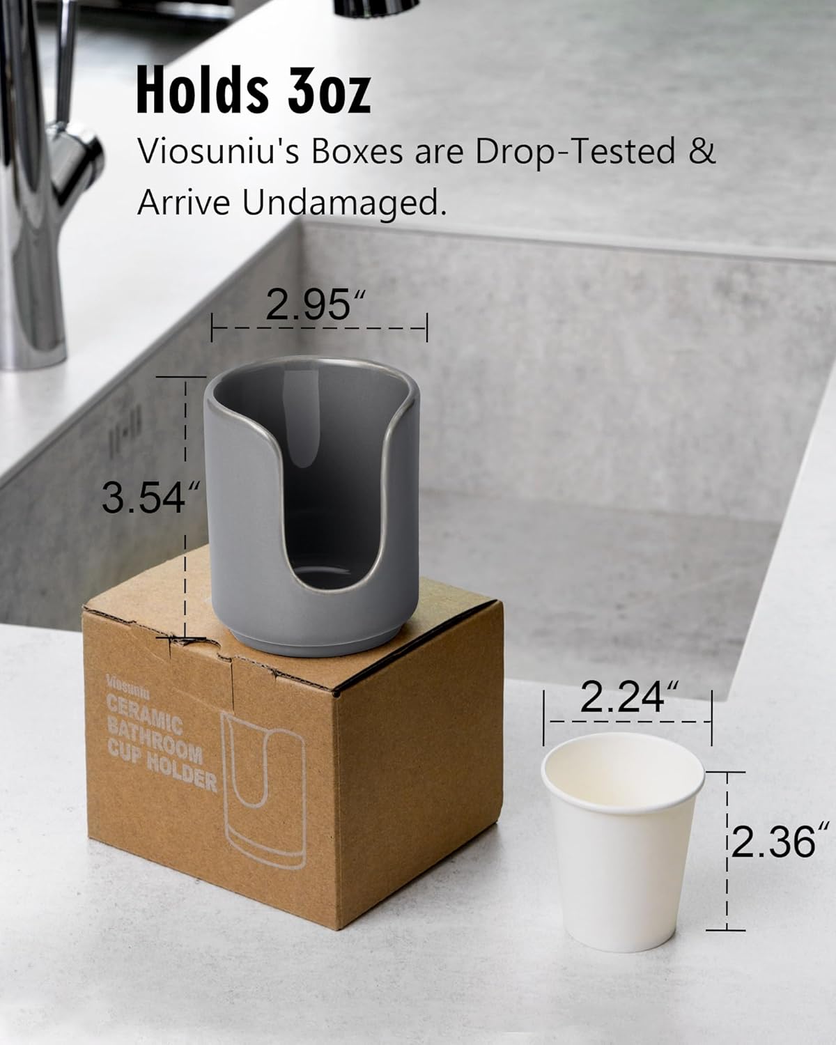 3 oz Original Ceramic Bathroom Cup Dispenser with 5 PLA Paper Cups, Bathroom Essential Accessories for Mouthwash Cup Holder (2 Pack, Grey)