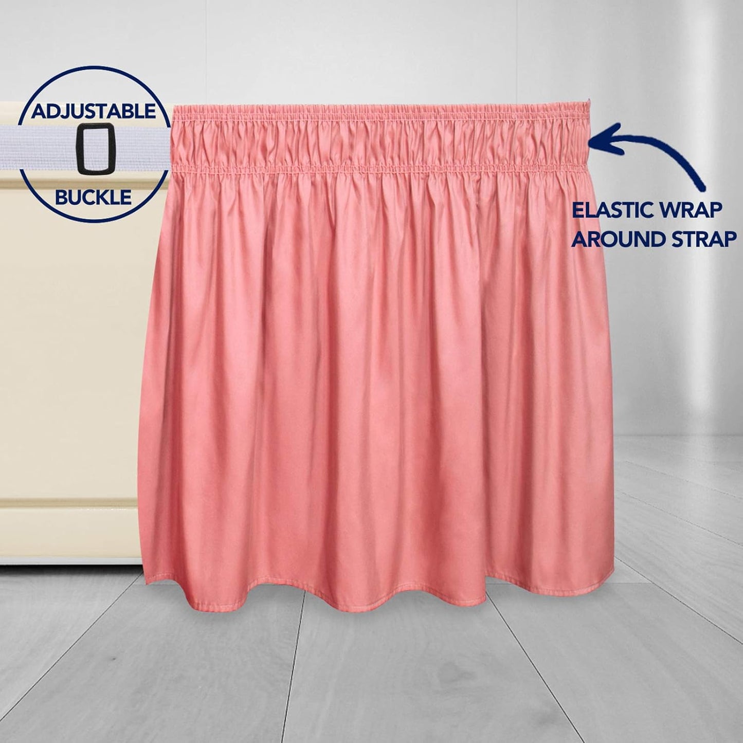 PureFit Wrap Around Ruffled Bed Skirt with Adjustable Elastic Belt - 18 Inch Drop Easy to Put On, Wrinkle Free Bedskirt Dust Ruffles, Bed Frame Cover for Queen, King and C-King Size Beds, Pink