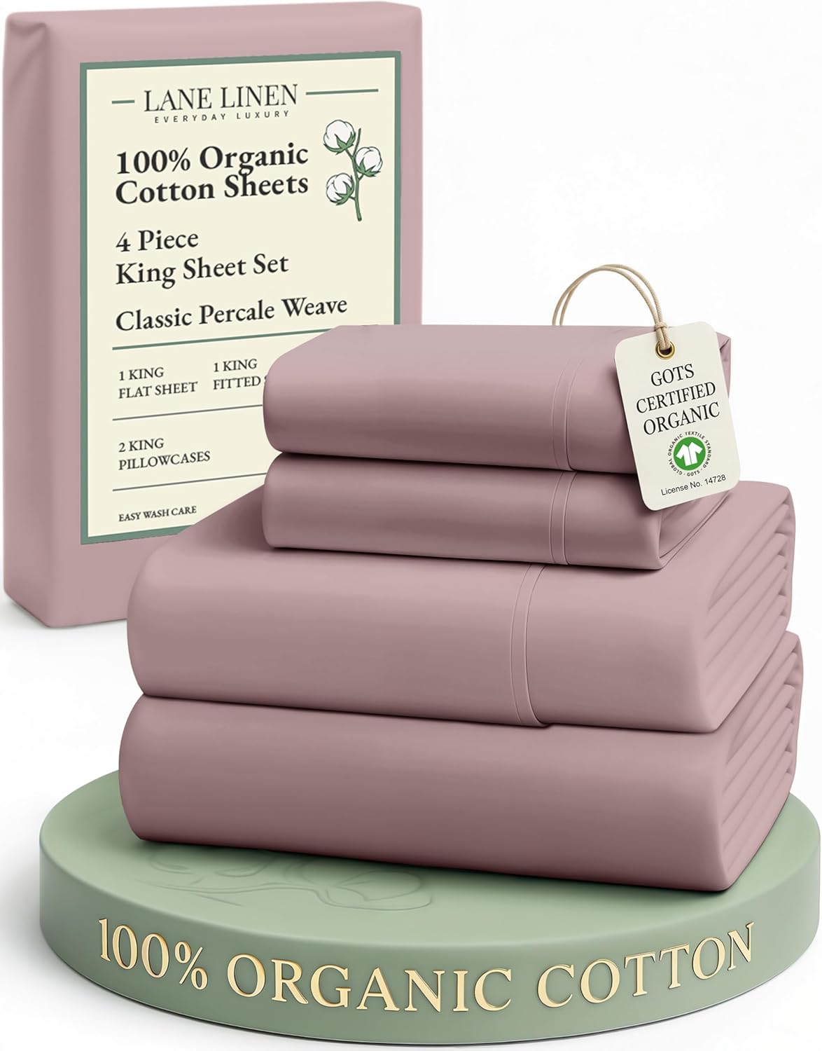 LANE LINEN 100% Organic Cotton King Size Bed Sheets, Sustainably Produced Okeo Tex Certified Cotton Sheets King, Luxury Hotel Percale Soft & Comfy Comes in Variety of Colors -Lilac