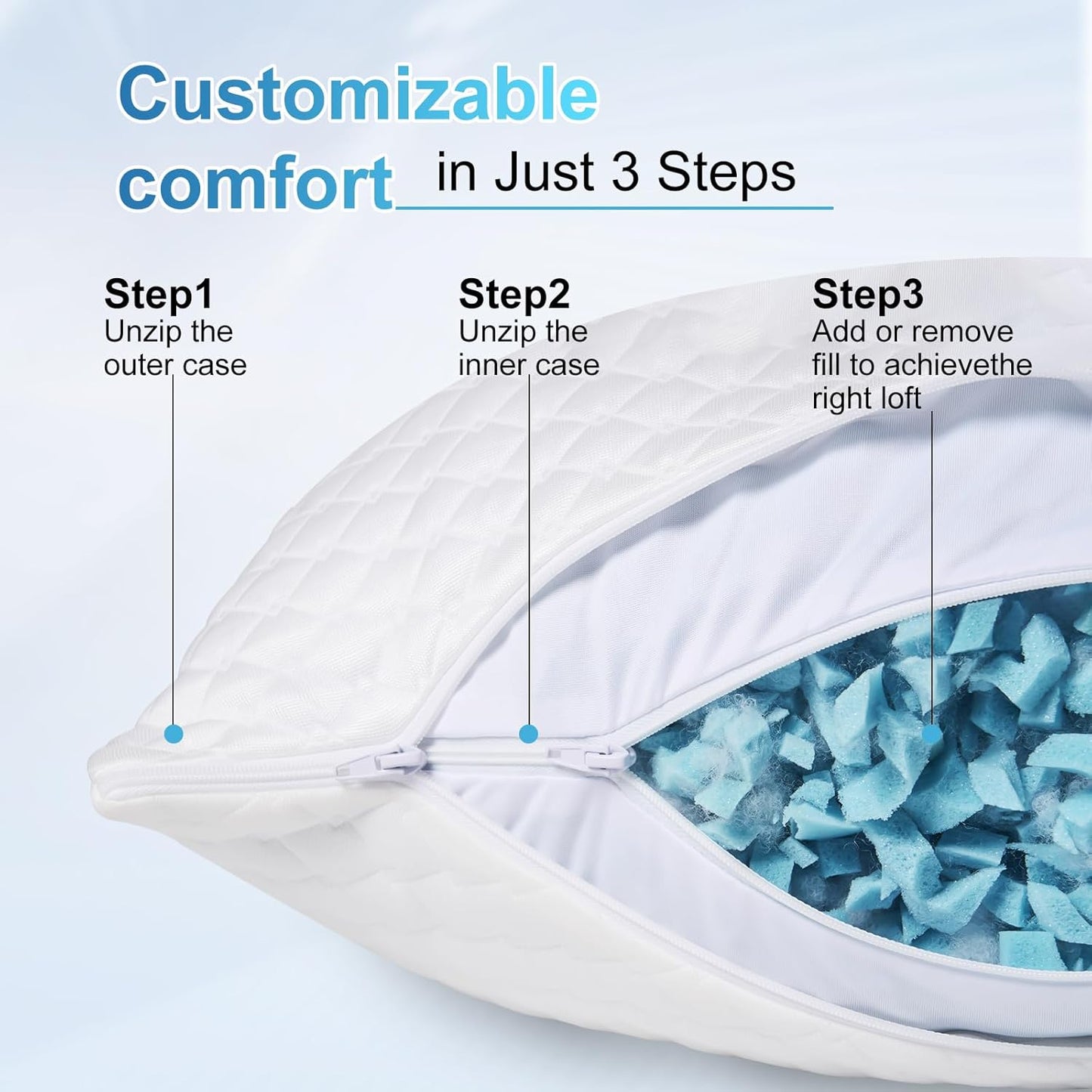 NTCOCO Cooling Bed Pillows for Sleeping Shredded Memory Foam Adjustable Gel for Side Stomach Back Sleepers Washable Removable Cover Cover Queen Size Pack of 2