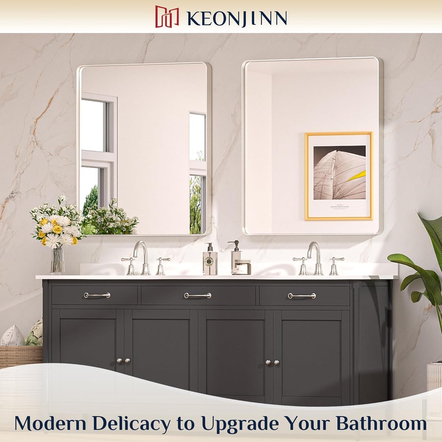Keonjinn 30 x 36 Brushed Nickel Bathroom Mirrors for Over Sink, Rounded Rectangle Bathroom Vanity Mirror, Brushed Silver Framed Farmhouse Mirror, HD Tempered Glass Wall Mirror(Horizontal/Vertical)