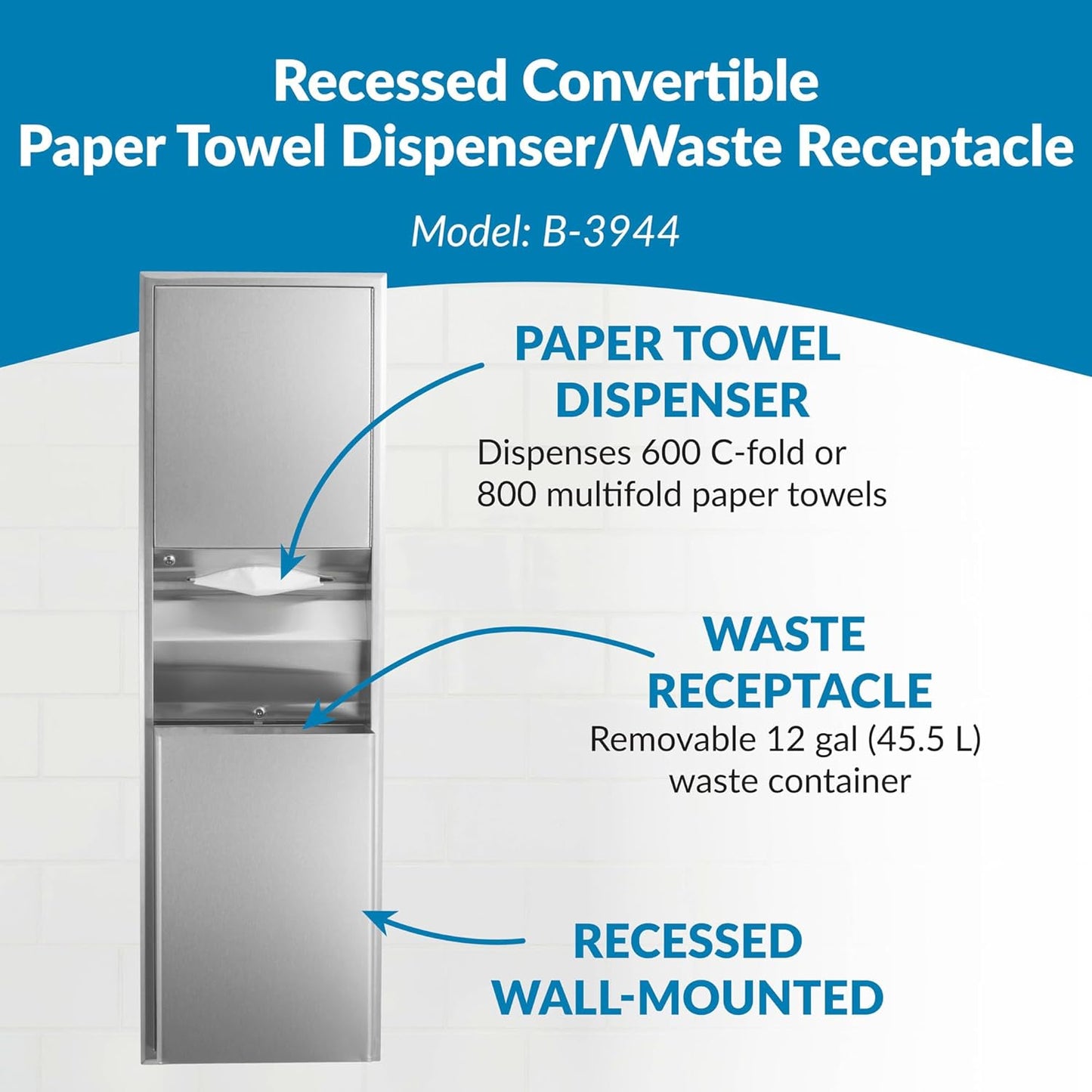 Bobrick ClassicSeries Recessed Convertible Paper Towel Dispenser/Waste Receptacle, 15.19 x 7.09 x 56, Satin Stainless Steel