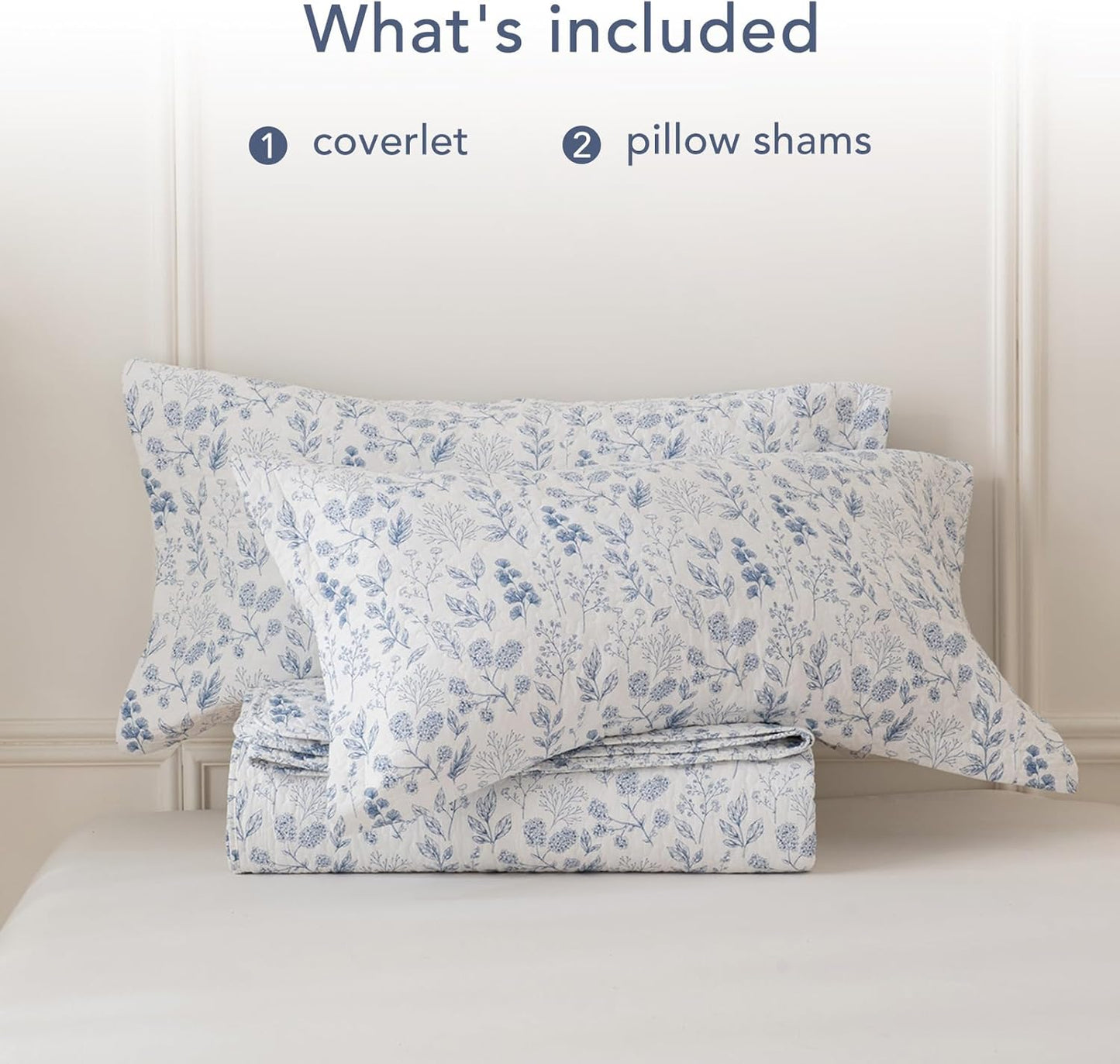 Lady Ann Oversized King Quilt Bedspreads 128x120,Cotton Blue and White Floral & Leaves Pattern California King Size Quilt Bedding Set Extra Large Lightweight Quilted Bedding Coverlet Set 3Pcs