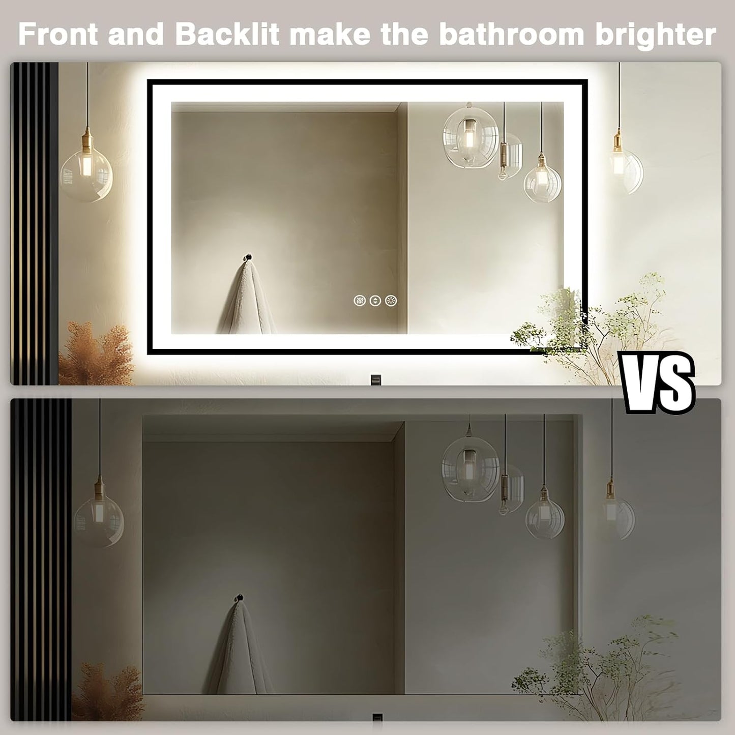 51x36 Lighted Mirrors for Bathroom Wall -Black Aluminum Framed (Front and Backlit), Anti-Fog LED Vanity Mirror, Shatter-Proof Lighted Mirror, 3 Colors Memory Mirror (Horizontal/Vertical)