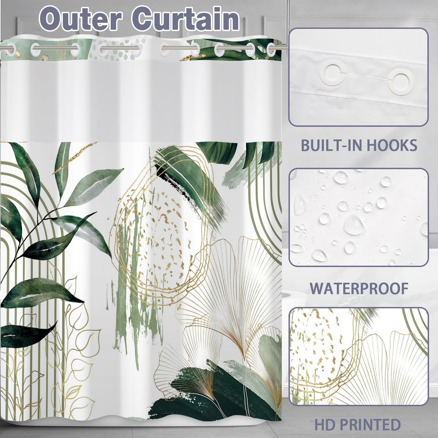 Boho Shower Curtain No Hooks with Snap in Fabric Liner Set,Modern Boho Shower Curtains Hotel Bathroom Decor,with See Through Top Window,Green Botanical Sage Fabric Waterproof Shower Curtain,71W x 74H