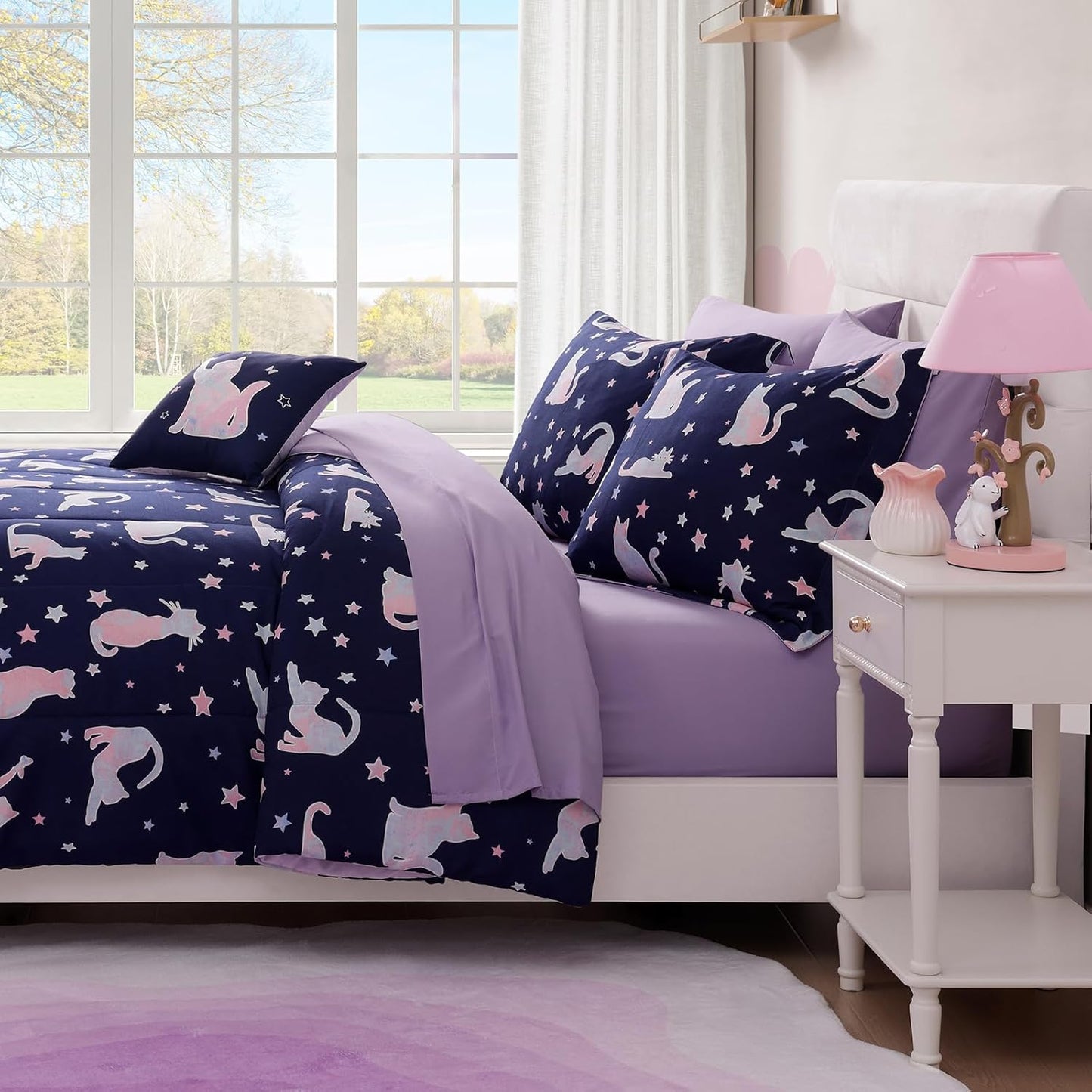 Twin Comforter Set for Girls-5 Pieces Cute Cat Twin Bedding Sets for Kids, Ultra Soft Bed in A Bag with Sheets