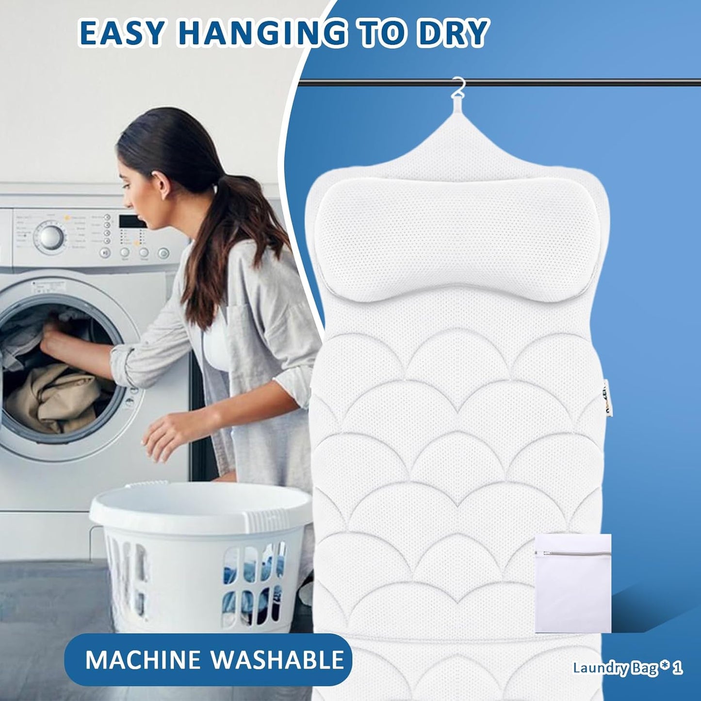 REEZEIVI Full Body Bath Pillow,Thick Bathtub Cushion with Laundry Bag,Bath Pillow with 13 Non-Slip Suction Cups,Soft 3D Mesh Fabric,Bathtub Cushion for Headrest Neck and Back Support (White)