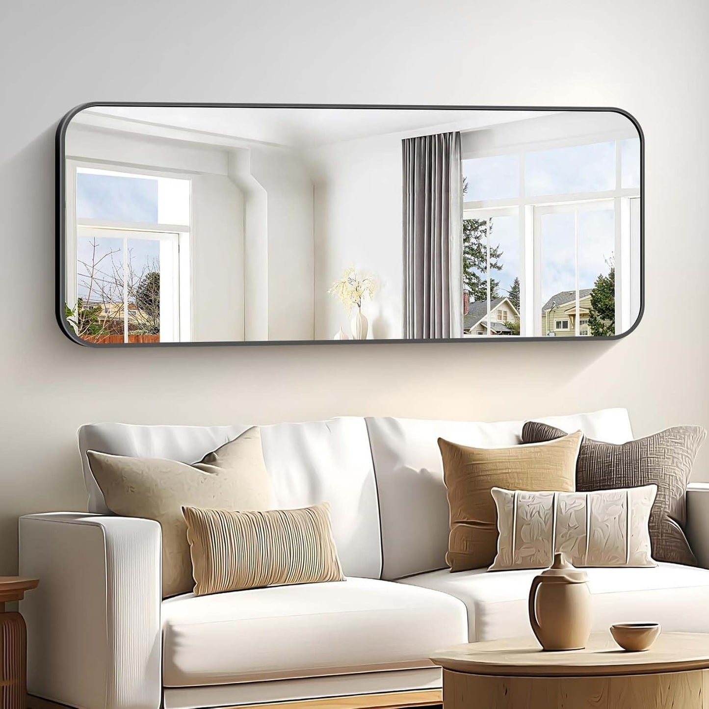 Bathroom Mirror, 60 x 24 inch Metal Framed Black Rectangle Mirror, Rounded Corner Rectangular Vanity Mirror, Large Wall Mounted Mirror for Modern Bedroom Living Room Horizontal or Vertical