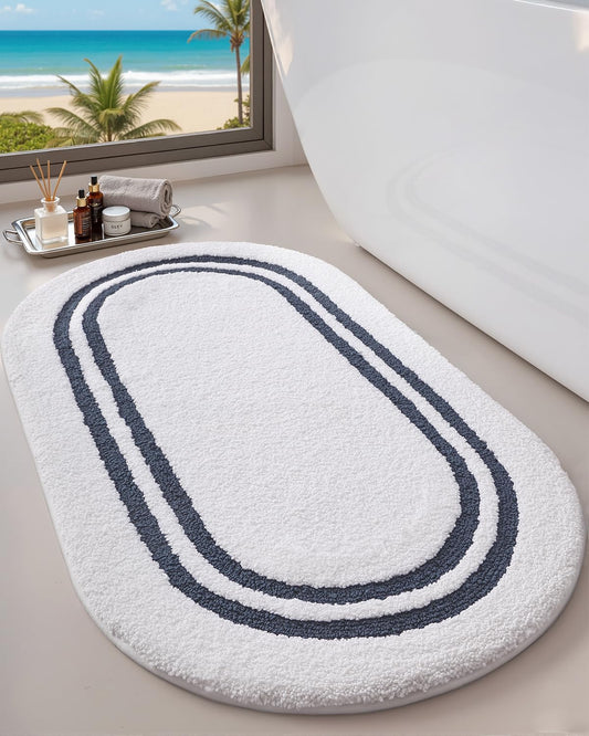 DEXI Oval Bath Mats for Bathroom, 24x43 Absorbent Bath Mat, Washable Microfiber Bathroom Rug with Non Slip Backing for Shower Floor, Navy