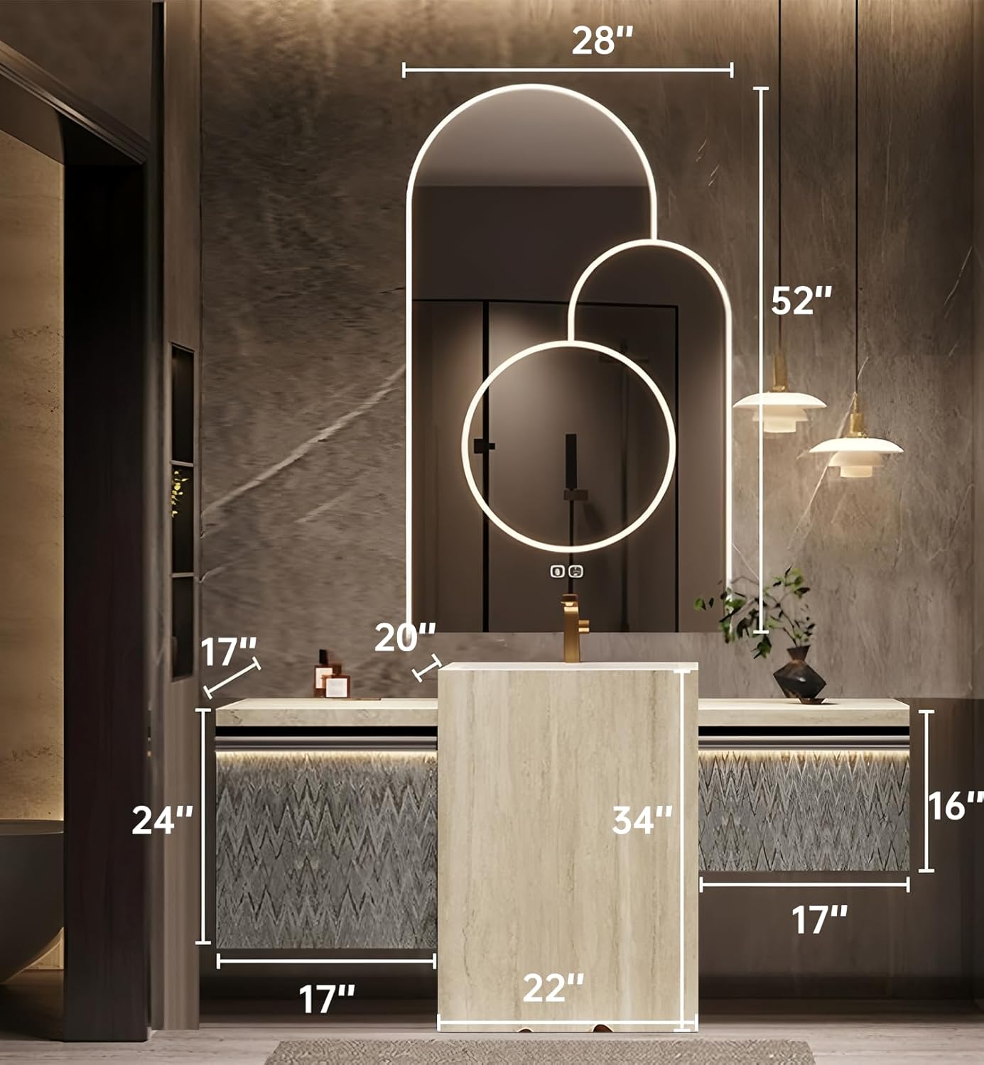 Single Sink Freestanding Bath Vanity, Modern Bath Vanity with LED Smart Mirror, 56IN Solid Wood Floating Bathroom Sink Cabinet with Marble Slate Top and Large Storage Drawer