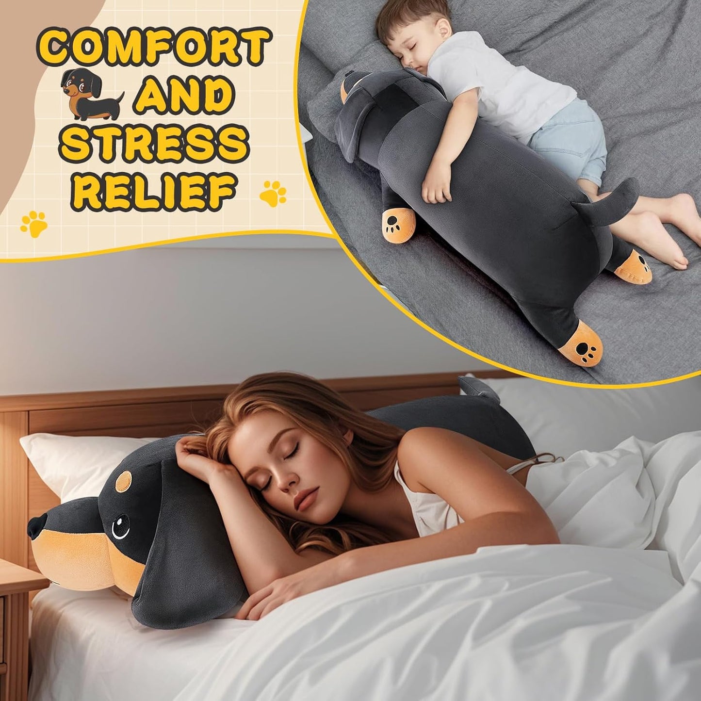 30'' Giant Black Dachshund Dog Plush Stuffed Animal- Black Weiner Dog Plush Pillow Plushies, Large Dachshund Plush Toy, Cute Hugging Weiner Dog Stuffed Animal, Birthday Gifts for Kids Girls Boys