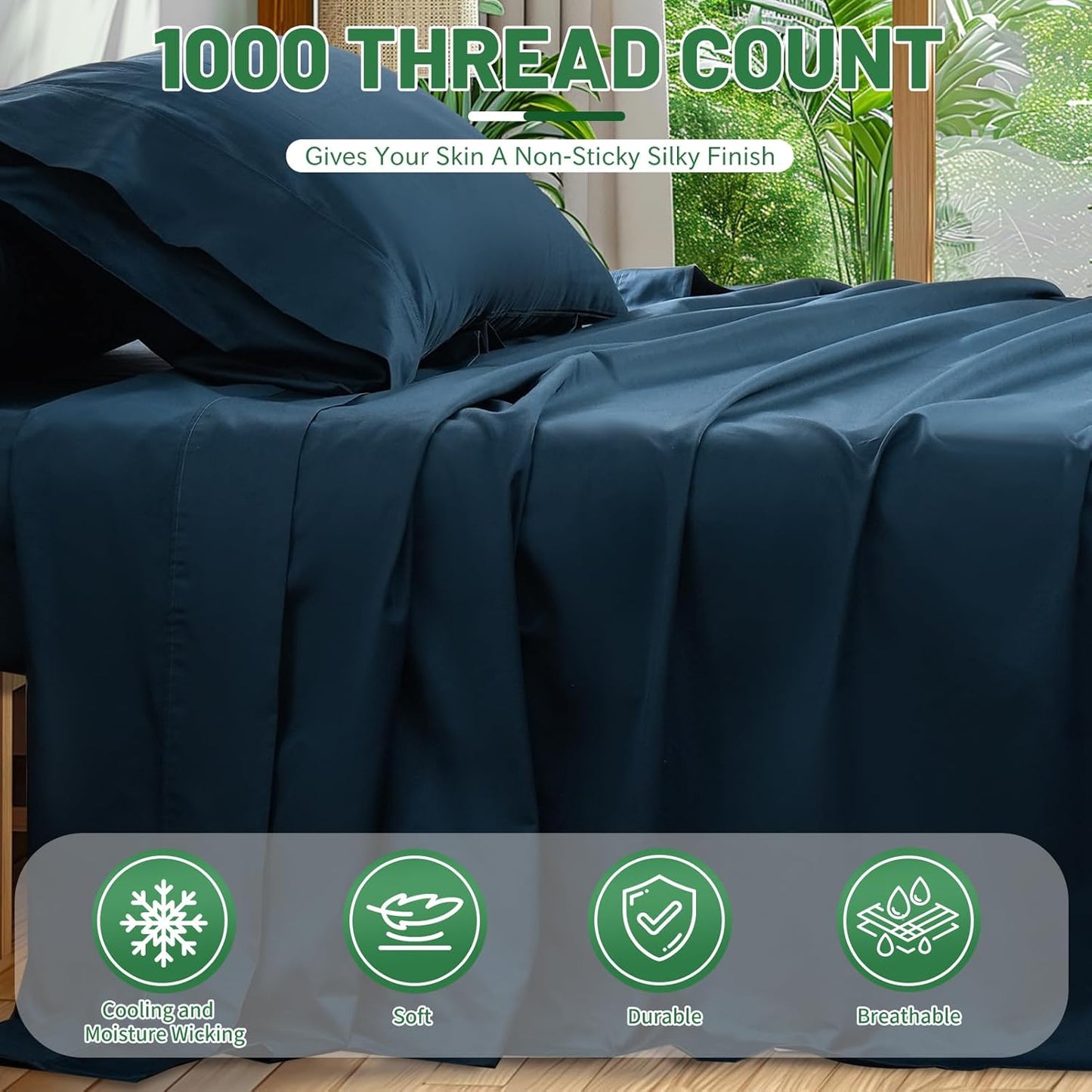 1000 Thread Count Egyptian Cotton Sheets Queen Size Set Sateen Weave Soft Breathable 16-Inch Deep Pocket 4PCS（Queen,Navy）