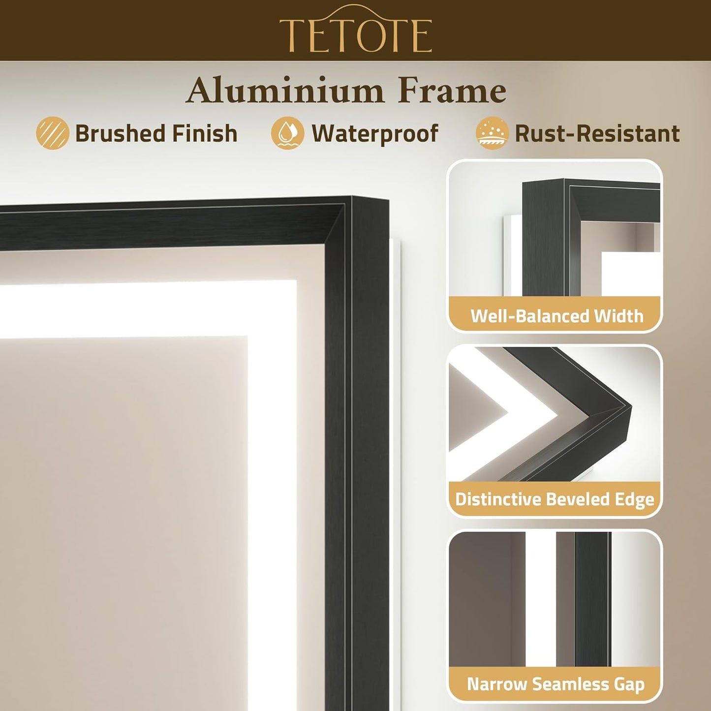 TETOTE 48 x 32 Bathroom LED Mirror Brushed Black Metal Frame Frontlit & Backlit Vanity Stepless Dimmable Anti-Fog 3 Colors White/Warm/Natural Light up Vanity Mirror Wall-Mounted