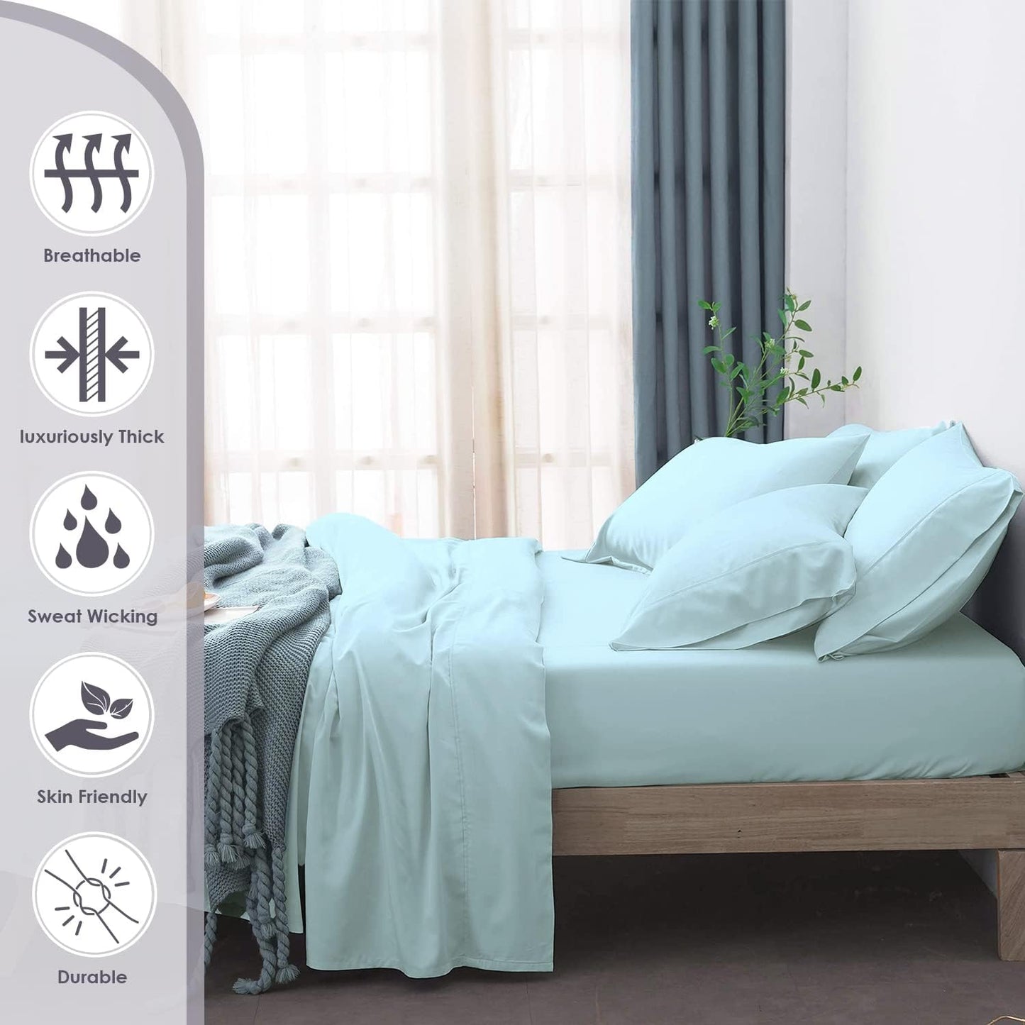 Pizuna Pure 100% Cotton Queen Size Sheets, 6pc Set with Deep Pocket, 800 TC Long Staple Crisp Sateen in Combed Baby Blue Cotton