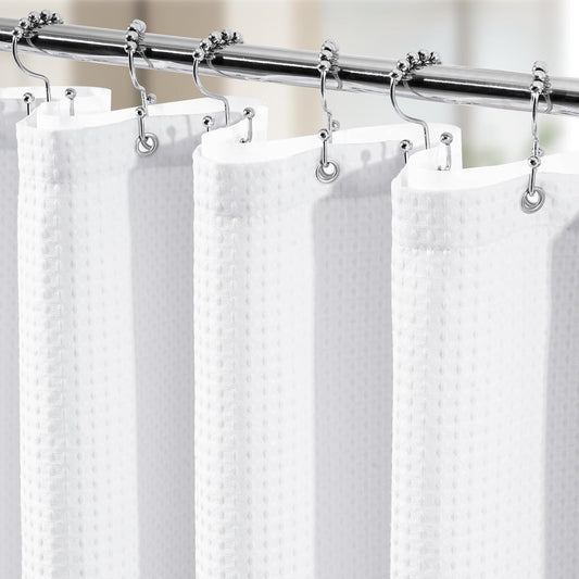 3 in 1 Shower Curtain Set, Waffle Shower Curtain and Liner Set with 12 Double Sided Shower Curtain Hooks, 258GSM Luxury Weighted Cloth Shower Curtains for Bathroom, 72 W x 84 H, White