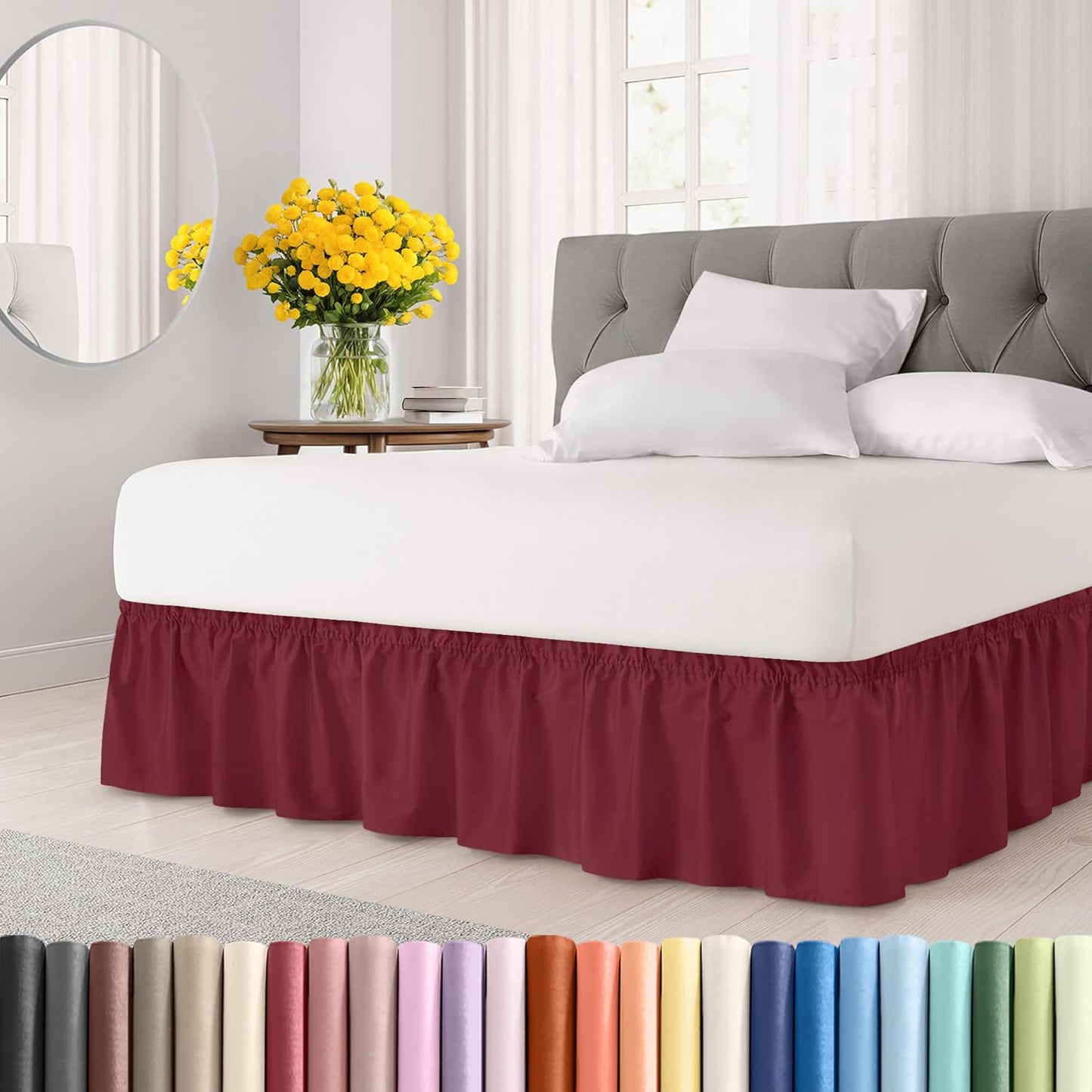 Wrap Around Dust Ruffle Bed Skirt - Burgundy - for Full Size Beds with 21 Inch Drop - Easy Fit Elastic Strap - Adjustable Pleated Bedskirt w/Brushed Fabric Wrinkle Free - for Women, Men, Kids & Teens