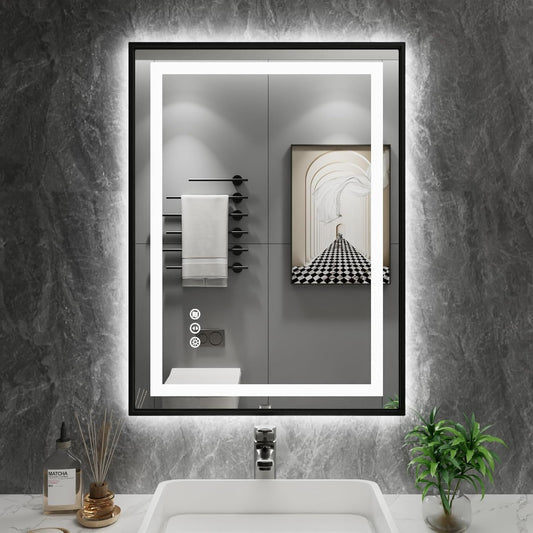 Amorho 20"x 28" LED Bathroom Mirror with Black Frame, Front Light and Backlit, Stepless Dimmable, Anti-Fog, Shatter-Proof, Memory, 3 Colors, Double LED Vanity Mirror