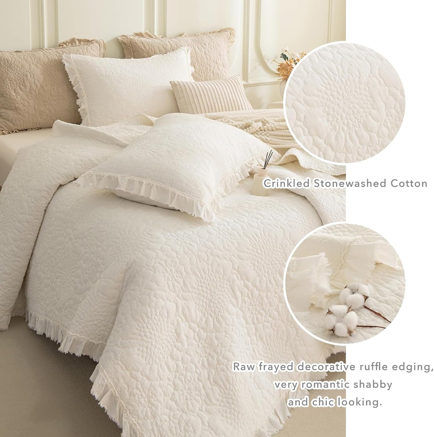 QSH Milk White Stonewashed Cotton Oversized King Quilt Bedspread Set(128"x120"),3PCs Farmhouse Ruffled Bedspread California King, Soft Lightweight Shabby Crinkled Quilt Coverlet Bed with Pillow Shams