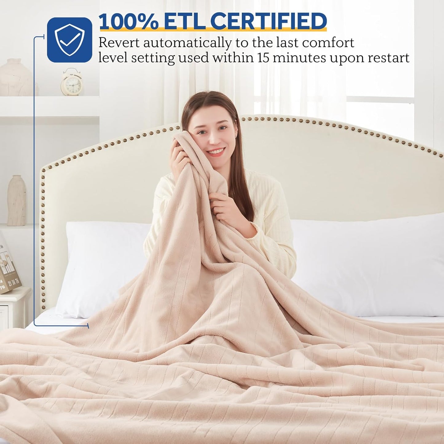 Sealy Electric Blanket Twin Size, Flannel Heated Blanket with 10 Heating Levels & 1-12 Hours Auto Shut Off, Fast Heating Warm Blanket, Machine Washable, Beige, 62 x 84 Inch