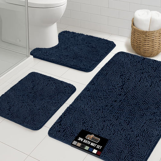 GORILLA GRIP Bathroom Rug Sets 3 Piece, Bath Mat Set and Oval Toilet Base with Rubber Backing, Plush Absorbent Shaggy Chenille Washable Mats, Includes 24x19.5, 24x17 and 36x24 Inch Rugs, Navy