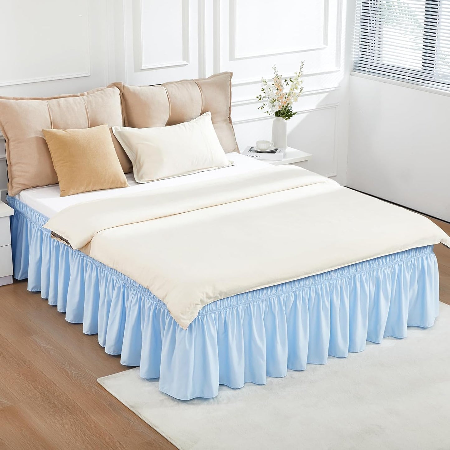 RIMELA Light Blue Bed Skirt King Size 15 Inch Drop, Elastic Bed Skirting for Bed Base and Frame, Bedding Dust Ruffle Easy to Install, Lightweight Wrap Around Adjustable Bedskirt