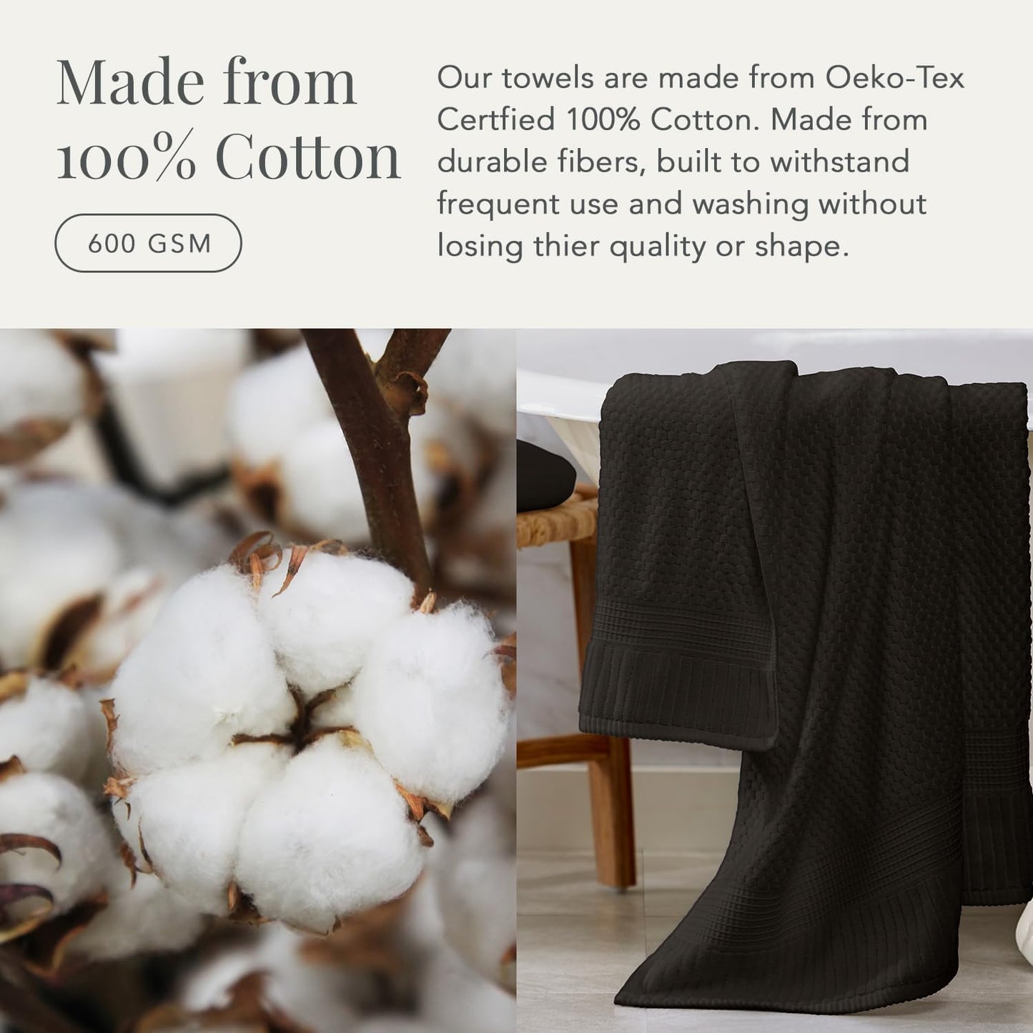 NY Loft 100% Cotton Towel Set 6 Piece | Super Soft & Absorbent Quick-Dry 2 Bath Towels 2 Hand Towels & 2 Washcloths | Textured and Durable Cotton | Premium Thick Towels | 6 Piece Set - Black
