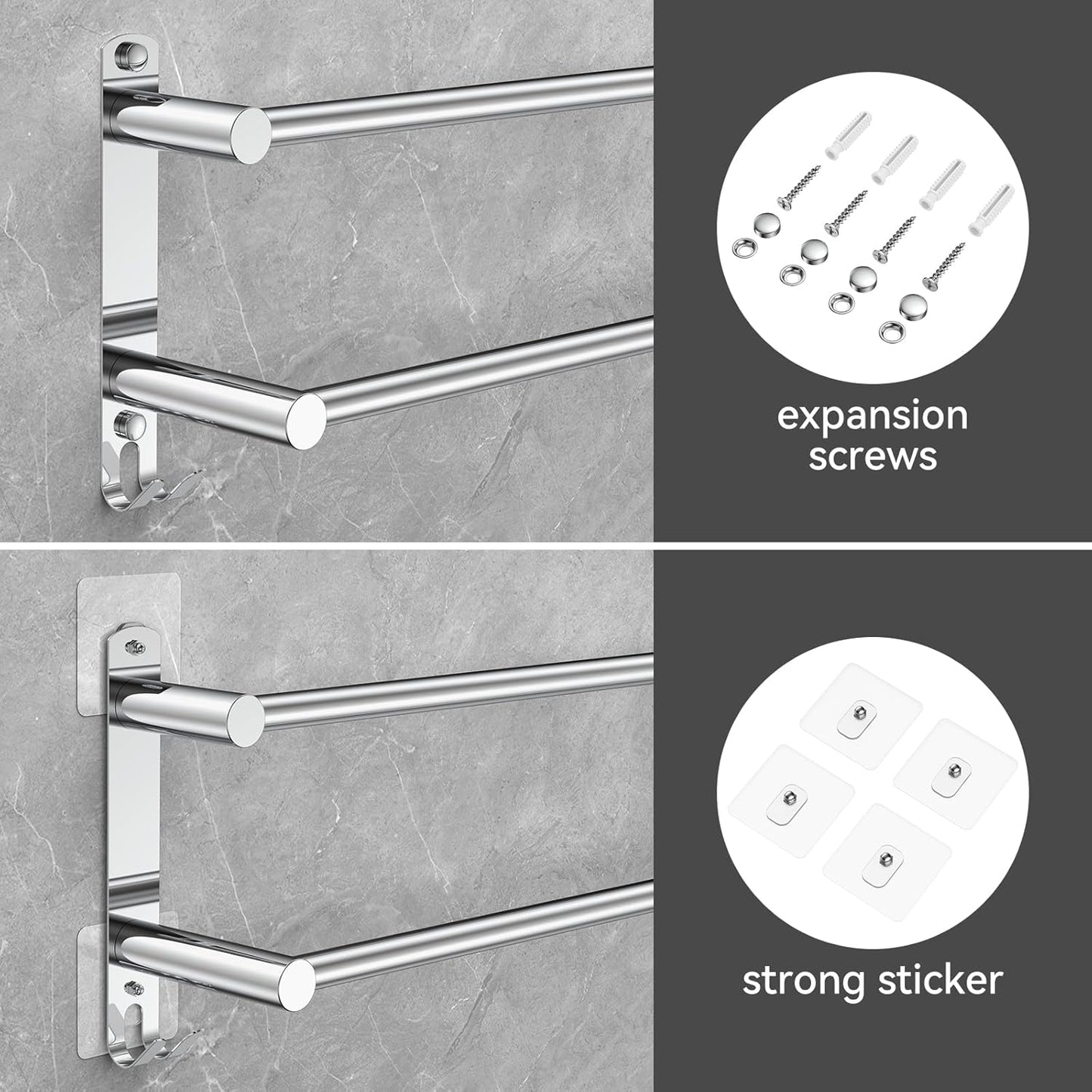 Adjustable Towel Bar for Bathroom Wall Mount17-30.7inch Adhesive Shower Towel Rack Stainless Steel Bath Towel Holders for Toilet Kitchen Double Towel Hanger (2 Layer)