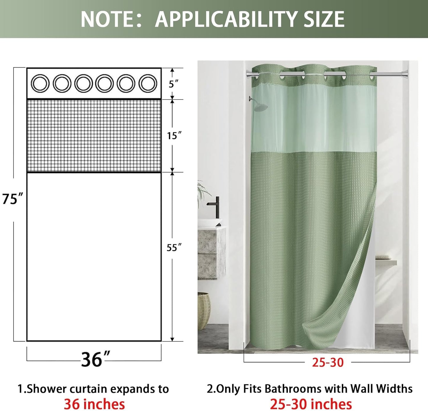 YellyHommy Stall No Hook Shower Curtain with Snap in Liner Set Less Time Green Waffle Shower Curtain for Bathroom 75" L x 36" W