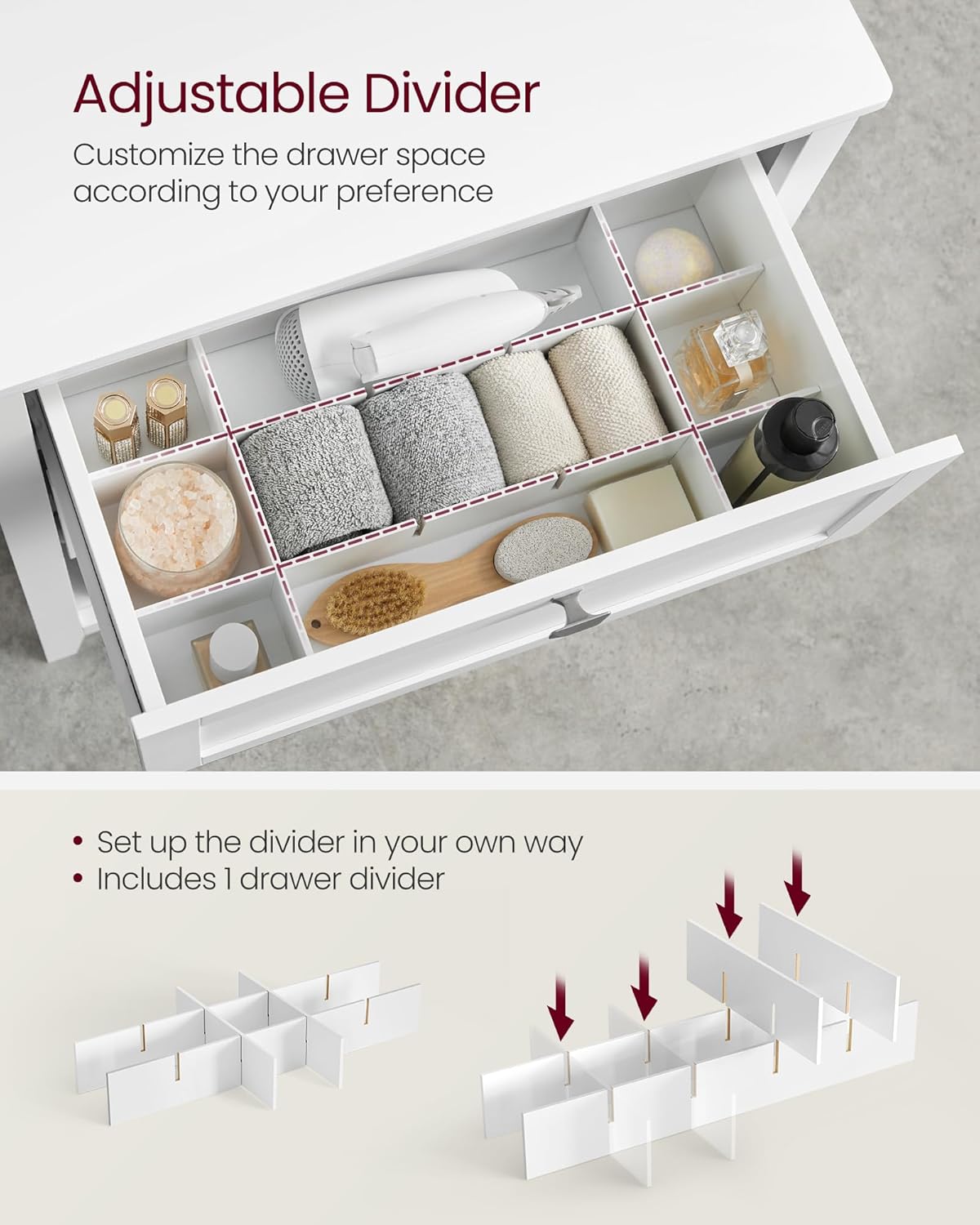 VASAGLE Storage Cabinet, Freestanding Floor Cabinet, 2 Drawers with 1 Set of Adjustable Divider, 2 Baskets, Sideboard, 11.8 x 23.6 x 31.5 Inches, for Bathroom, Living Room, Cloud White UBBC545W02