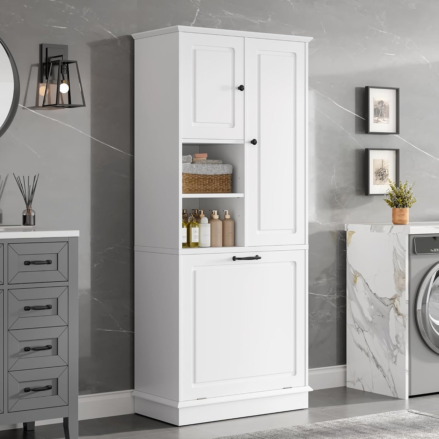 Tall Storage Cabinet with Adjustable Shelves & Flip-Out Basket, MDF Material with Aluminum Alloy Handles, Large Capacity for Bathroom, Kitchen, Living Room, Office Organizer, White