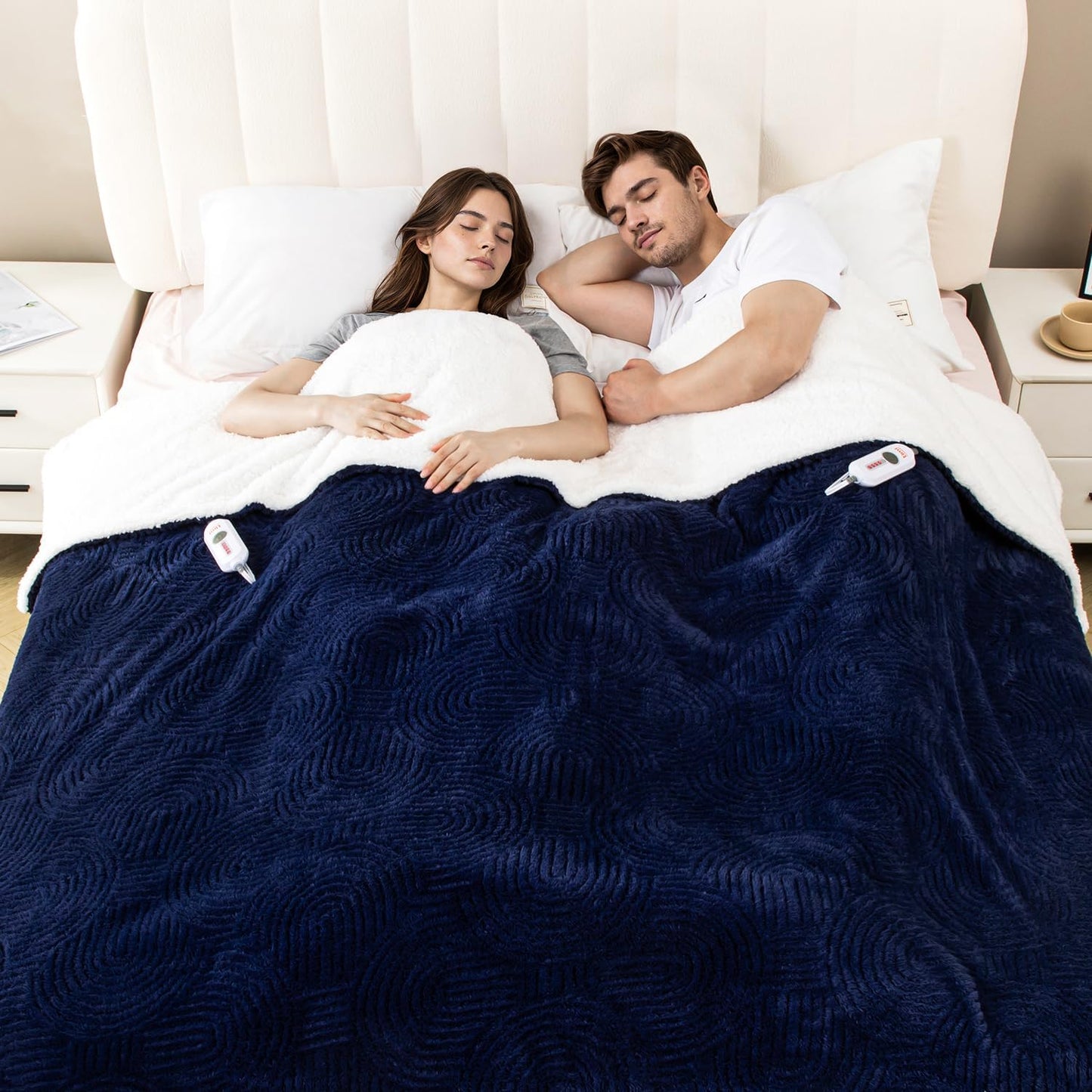 Heated Blanket King Size - 100"x90" Cozy Soft Jacquard Heating Blanket with 4 Heat Levels & 10 Hours Auto-Off, Jacquard Fleece, Overheating Protection, Warm Gifts, Navy