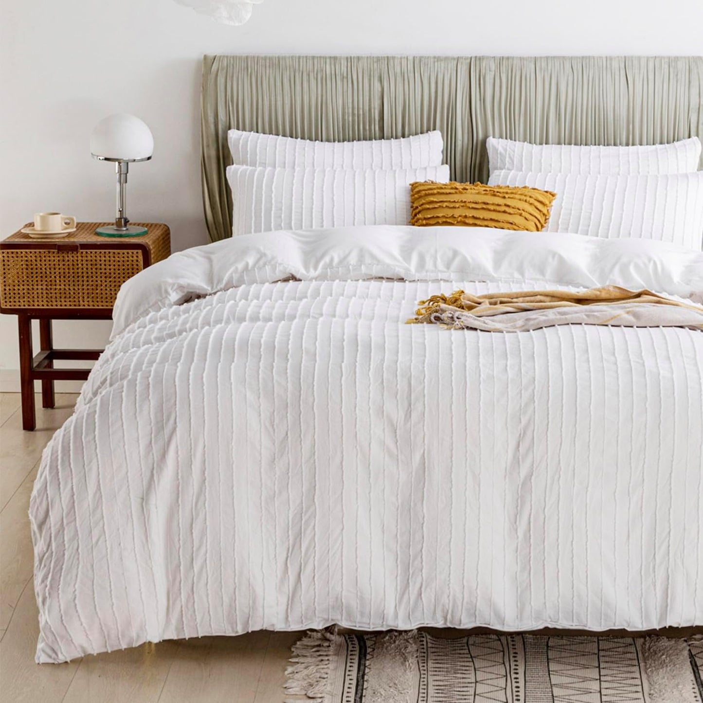 JELLYMONI Duvet Cover King Size Bright White - 3PCS Boho Striped Duvet Cover Set Polyester Tufted Bohemian Textured Comforter Cover 104×90in with Corner Ties & Zipper and 2 Pillowcases