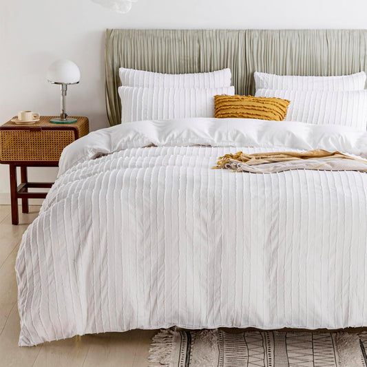 JELLYMONI Duvet Cover King Size Bright White - 3PCS Boho Striped Duvet Cover Set Polyester Tufted Bohemian Textured Comforter Cover 104×90in with Corner Ties & Zipper and 2 Pillowcases