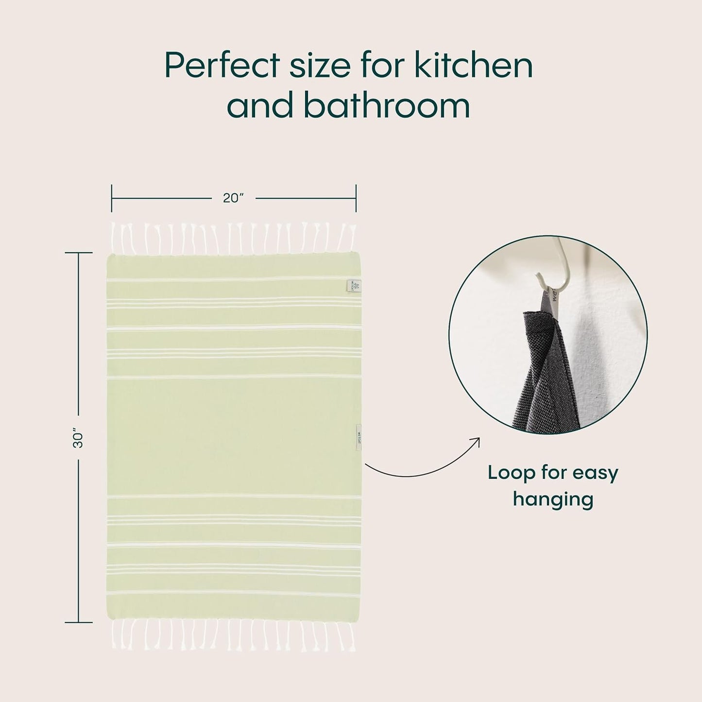 WETCAT Turkish Hand Towels with Hanging Loop, Set of 2 (20" x 30") 100% Turkish Cotton, Pre-Washed, Quick Drying, for Kitchen or Bathroom - Seafoam Green