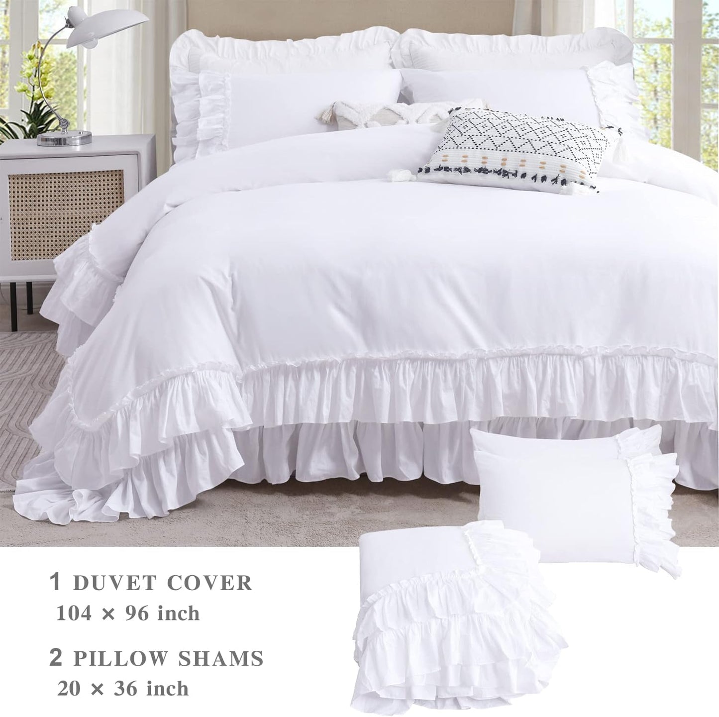QSH Ruffle White Duvet Cover California King Size- Washed Cotton Shabby Farmhouse Chic Ruffled Bedding 3pcs(1 Soft Cotton Duvet Cover +2 Ruffle Pillowshams) Aesthetic French Country Calking Bed