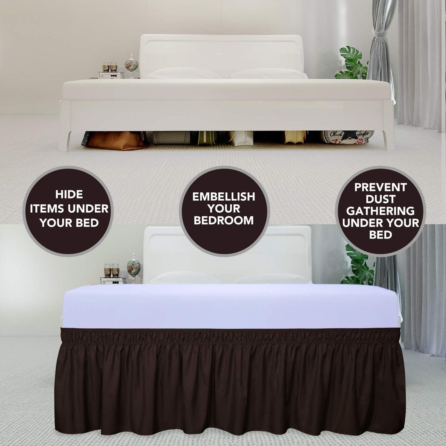 PureFit Wrap Around Ruffled Bed Skirt with Adjustable Elastic Belt - 22 Inch Drop Easy to Put On, Wrinkle Free Bedskirt Dust Ruffles, Bed Frame Cover for Twin,Twin XL and Full Size Beds, Chocolate