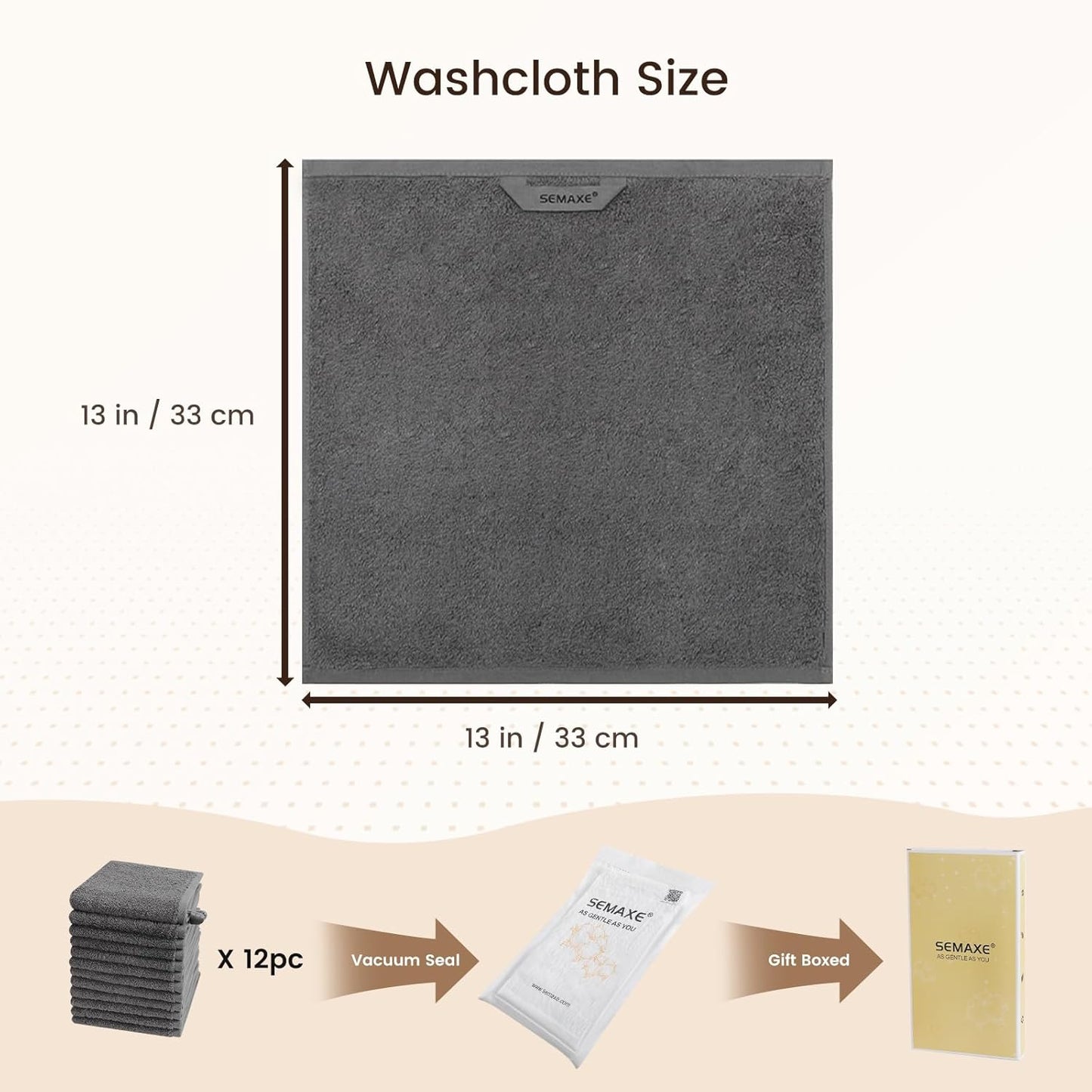 SEMAXE 100% Cotton Washcloths 12-Pack, 13 × 13 Inch Soft Luxury Face Towels – Super Absorbent & Quick-Dry, Premium Cloth with Hanging Loop, Oeko-TEX Certified, Gift-Ready Box