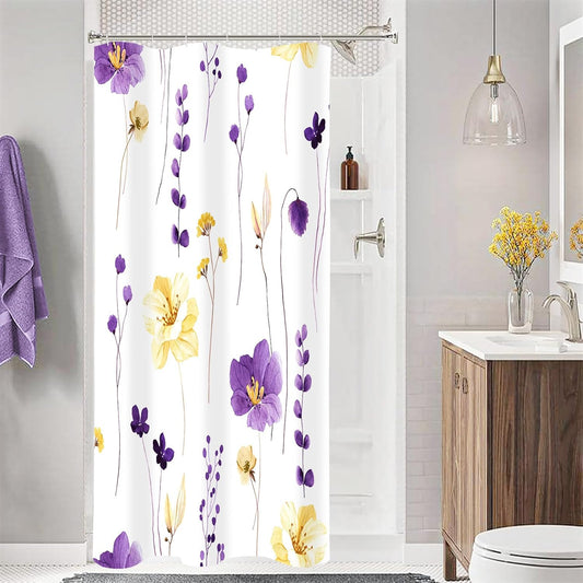 Gibelle Small Stall Shower Curtain 36 x 72, Narrow Half Watercolor Floral Fabric Shower Curtain, Purple Yellow Flower Decorative Bathroom Shower Curtain Set with Hooks