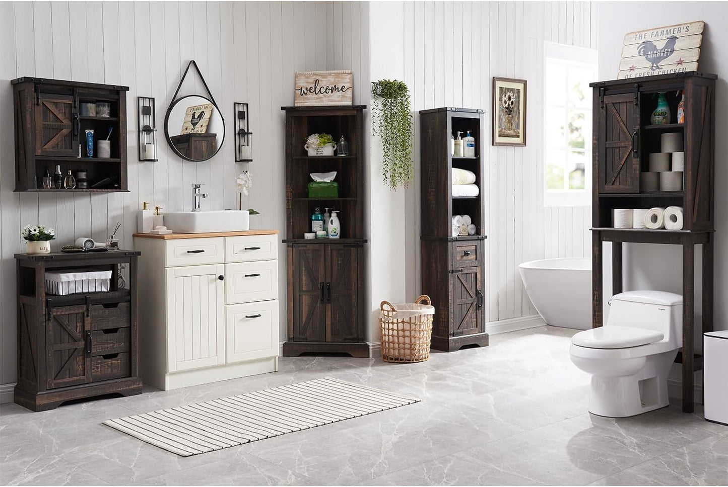 RedLemon Farmhouse Over The Toilet Storage Cabinet Set of 2, 68" Tall with Sliding Barn Doors & Adjustable Shelves, Rustic Above Toilet Storage Cabinet, Dark Rustic Oak