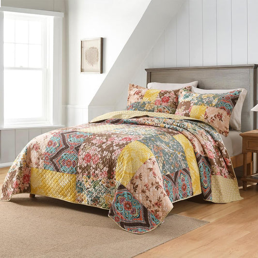 ENASAL Cotton Bedspread Quilt Sets Reversible Bedding Coverlet Sets Luxury Vintage Rustic Gorgeous Paisley Floral Yellow Real Patchwork Bedspread, Queen Size