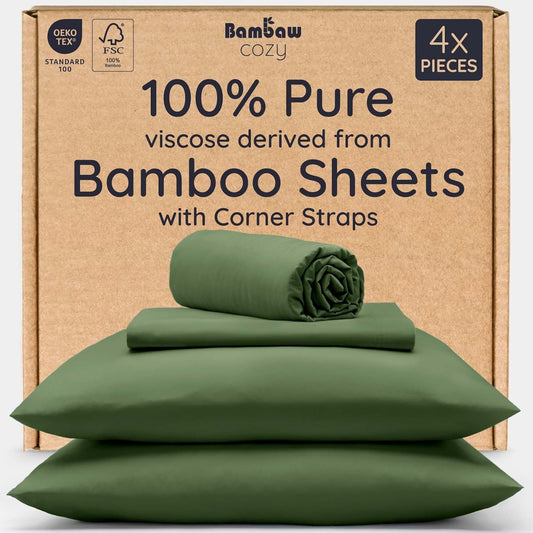Bambaw 100% Viscose Derived from Bamboo Sheets King Size Set – 4pcs Cooling Deep Pocket King Sheet Set, Fits Up to 16'' with Elastic Corner Straps, Super Soft Sheets, Luxury Bedding (Olive)