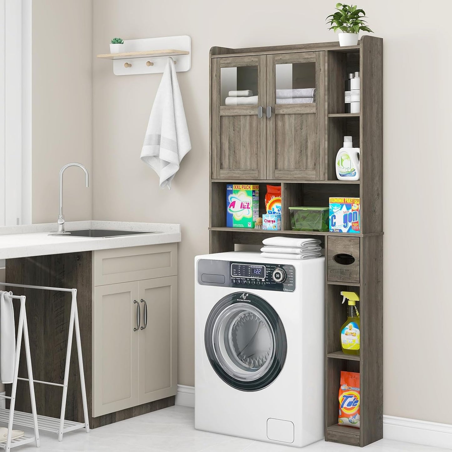 Vabches Over The Toilet Storage Cabinet, Bathroom Shelf Over Toilet with Glass Doors and Adjustable Shelves, Grey Freestanding Home Space Save Toilet Rack, for Restroom, Bathroom, Laundry