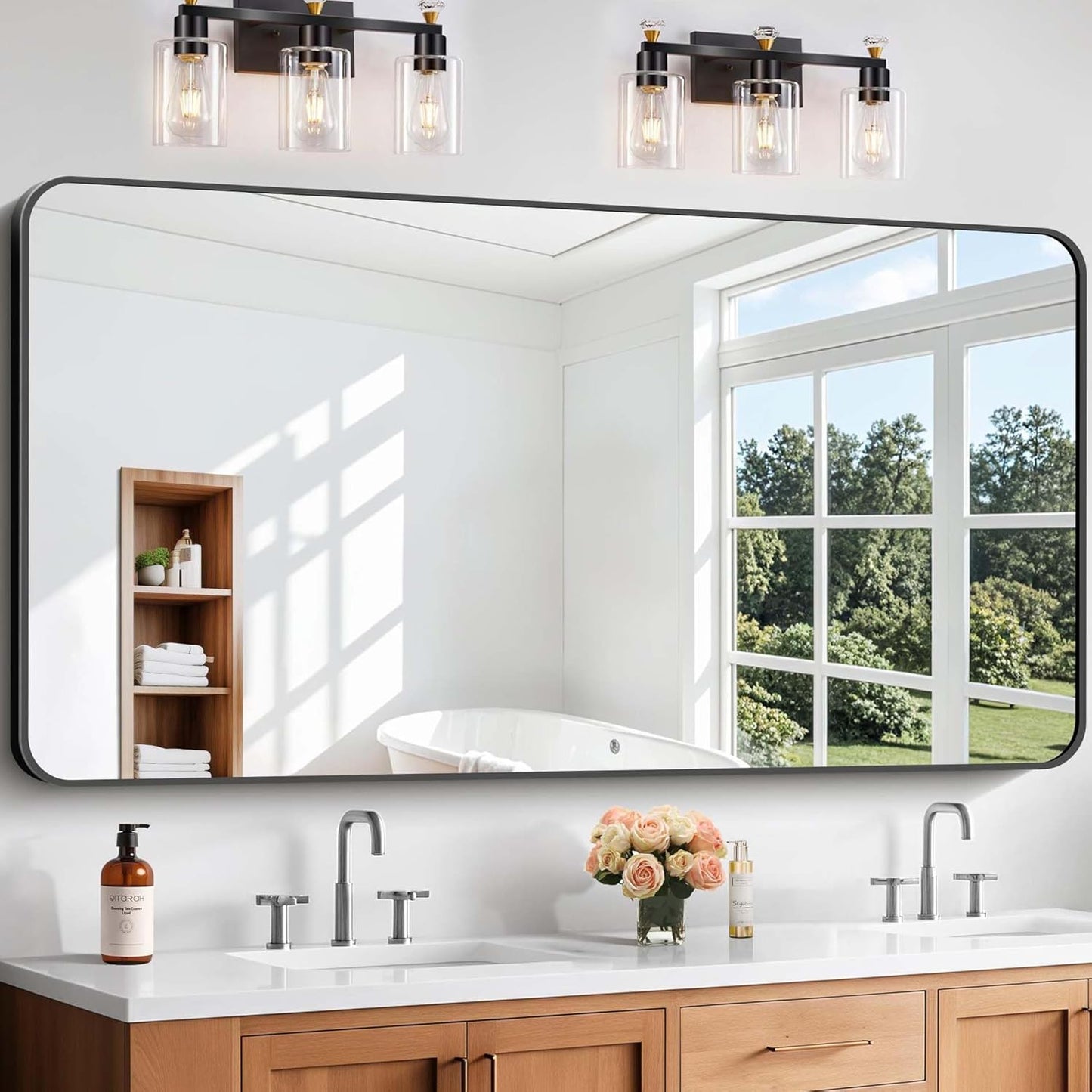 Bathroom Mirror, 60 x 30 inch Black Rectangle Wall Mirror, Metal Frame Rounded Corner Vanity Mirror, Large Wall Mounted Mirrors for Over Sink Bedroom Living Room Horizontal Or Vertical Mounting