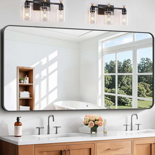 Bathroom Mirror, 60 x 30 inch Black Rectangle Wall Mirror, Metal Frame Rounded Corner Vanity Mirror, Large Wall Mounted Mirrors for Over Sink Bedroom Living Room Horizontal Or Vertical Mounting