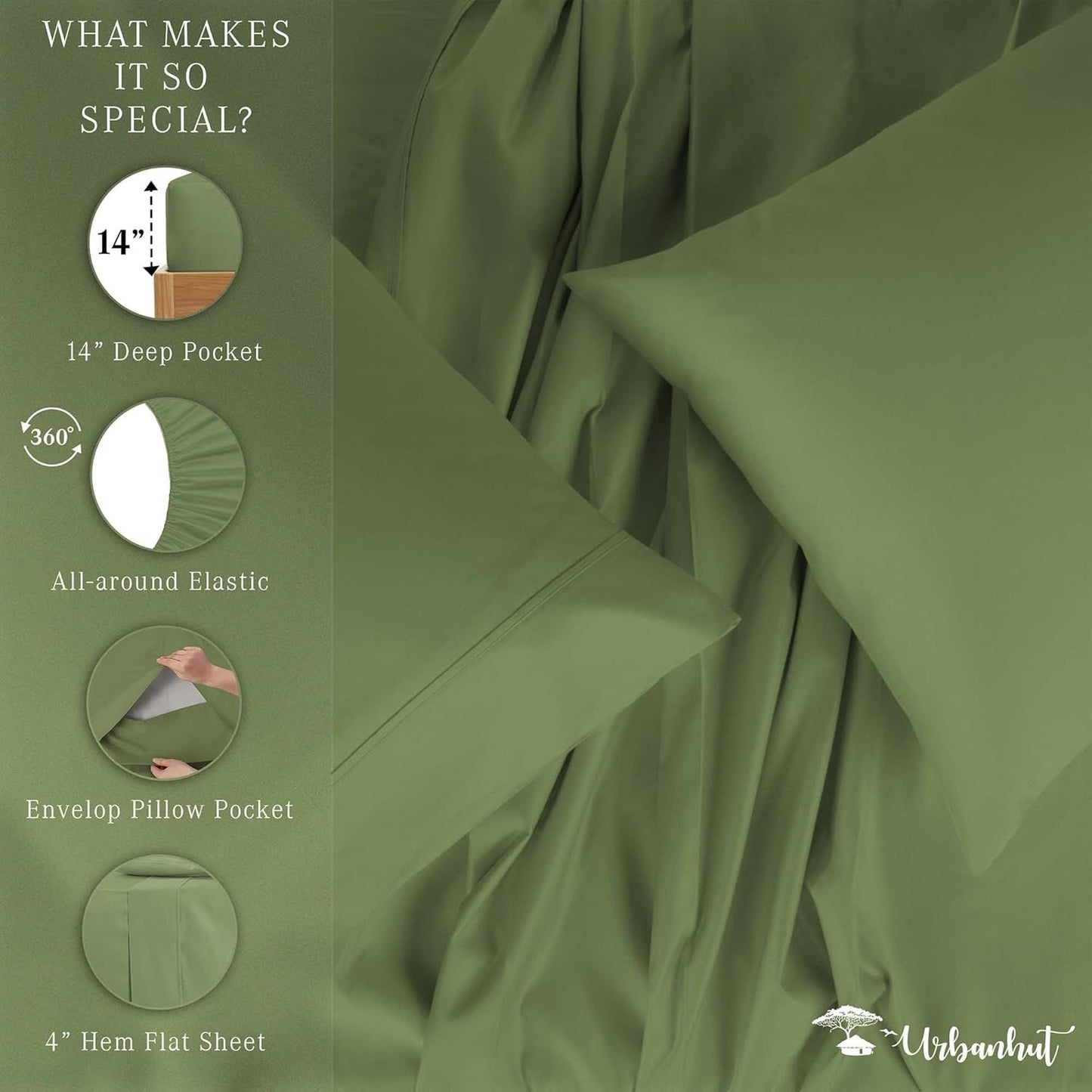 URBANHUT 700 Thread Count Egyptian Cotton Twin Sheets, 4Pc Sheet Set Soft Luxury Bed Sheets for Twin Size Bed, Sateen Weave Hotel Sheets, 14'' Elasticized Deep Pocket - Sage