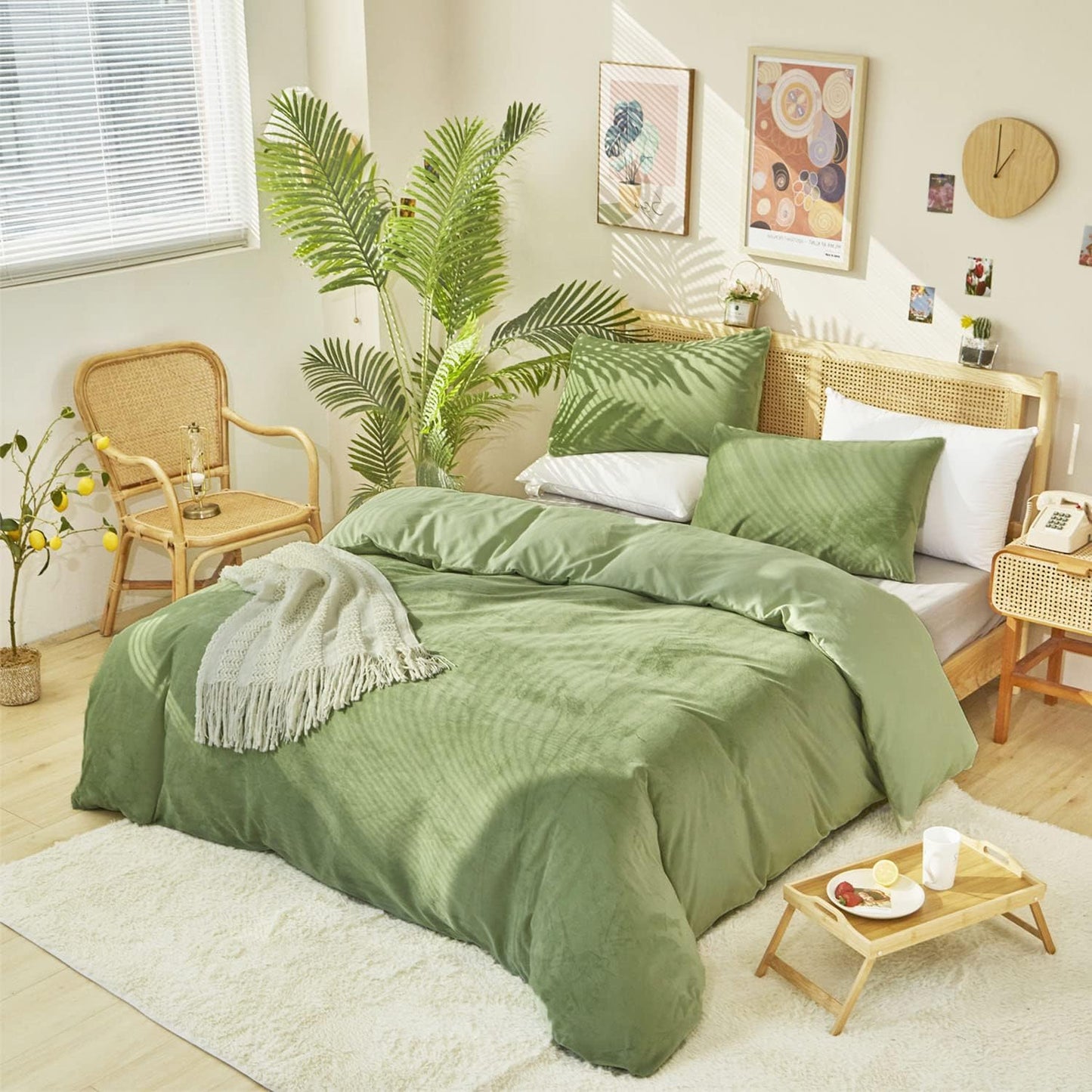 Cottonight Sage Velvet Fluffy Flannel Bedding - Twin Light Green Plush Comforter Set With Blanket & Quilts - Warm & Soft for Women & Men