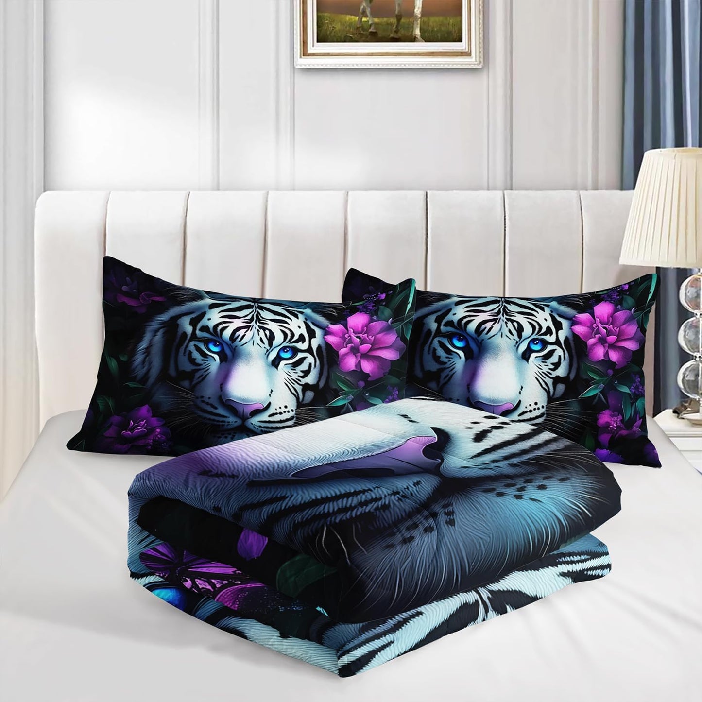 Wild Animal Themed Comforter Set King Size,White Leopard Floral Print Bedding Sets for Kids Teens Room Decor,Gothic Bedding All Season with 2 Pillowcases.